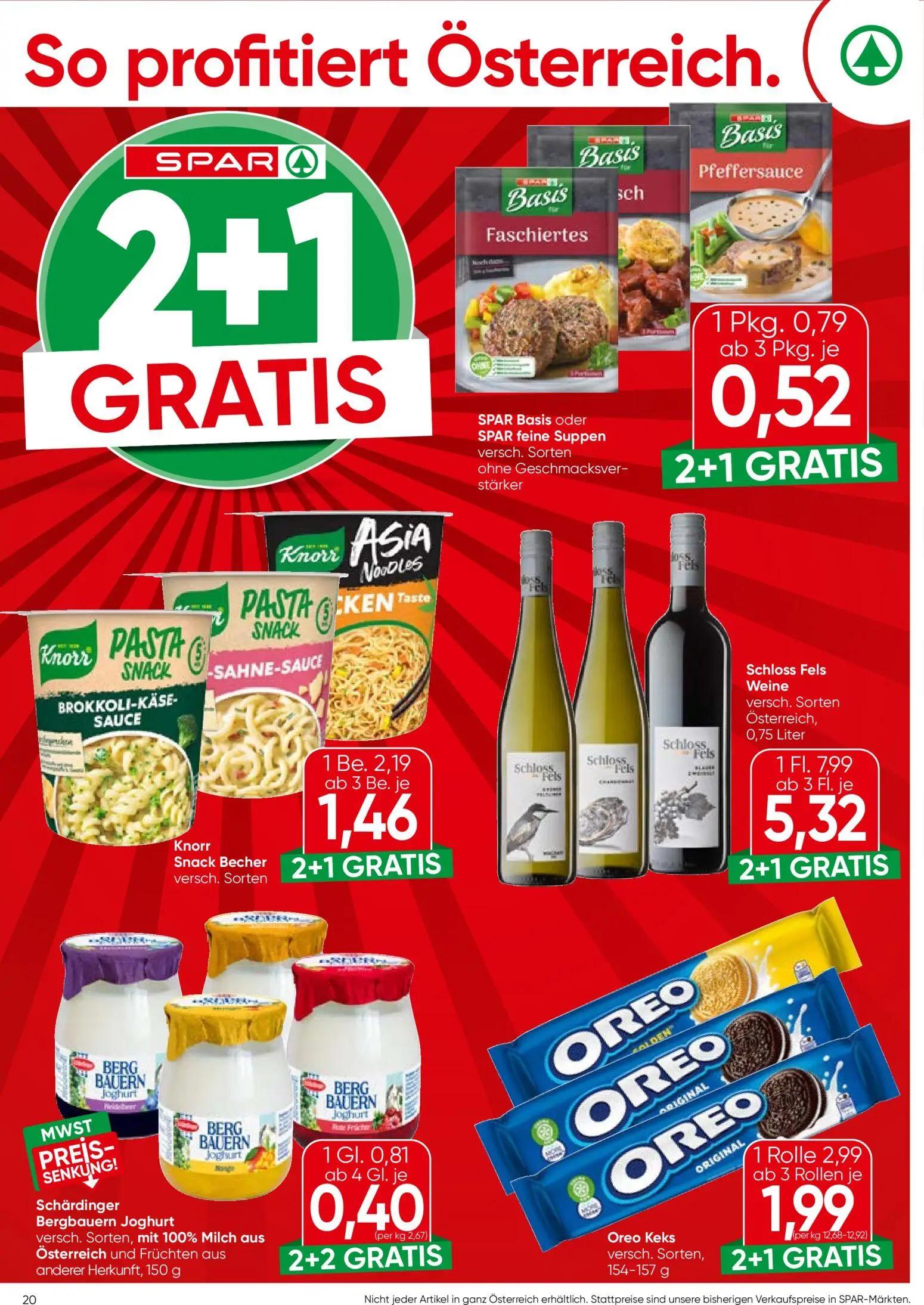 Spar Prospekt, Seite 20 von 24 — Schloss Fels Weine versch. Sorten Österreich, Oreo Keks versch. Sorten, Knorr Snack Becher …