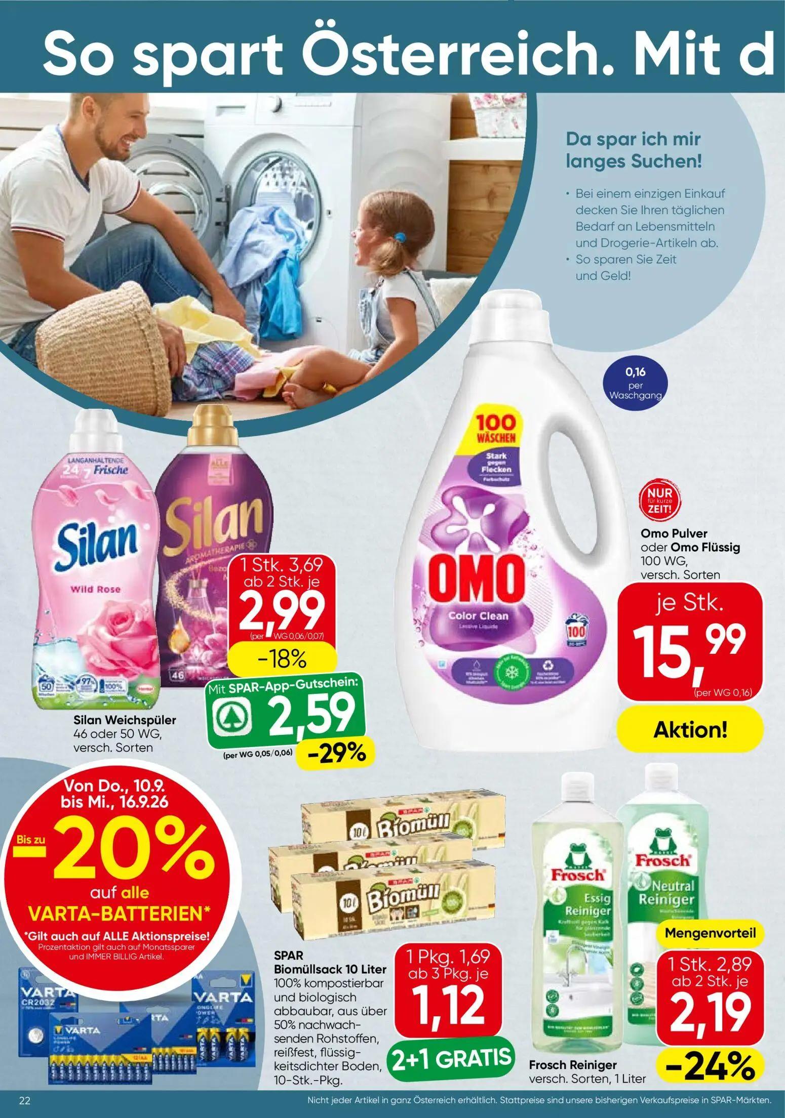 Spar Prospekt, Seite 22 von 24 — Silan Weichspüler, Frosch Reiniger, SPAR Biomüllsack 10 Liter
