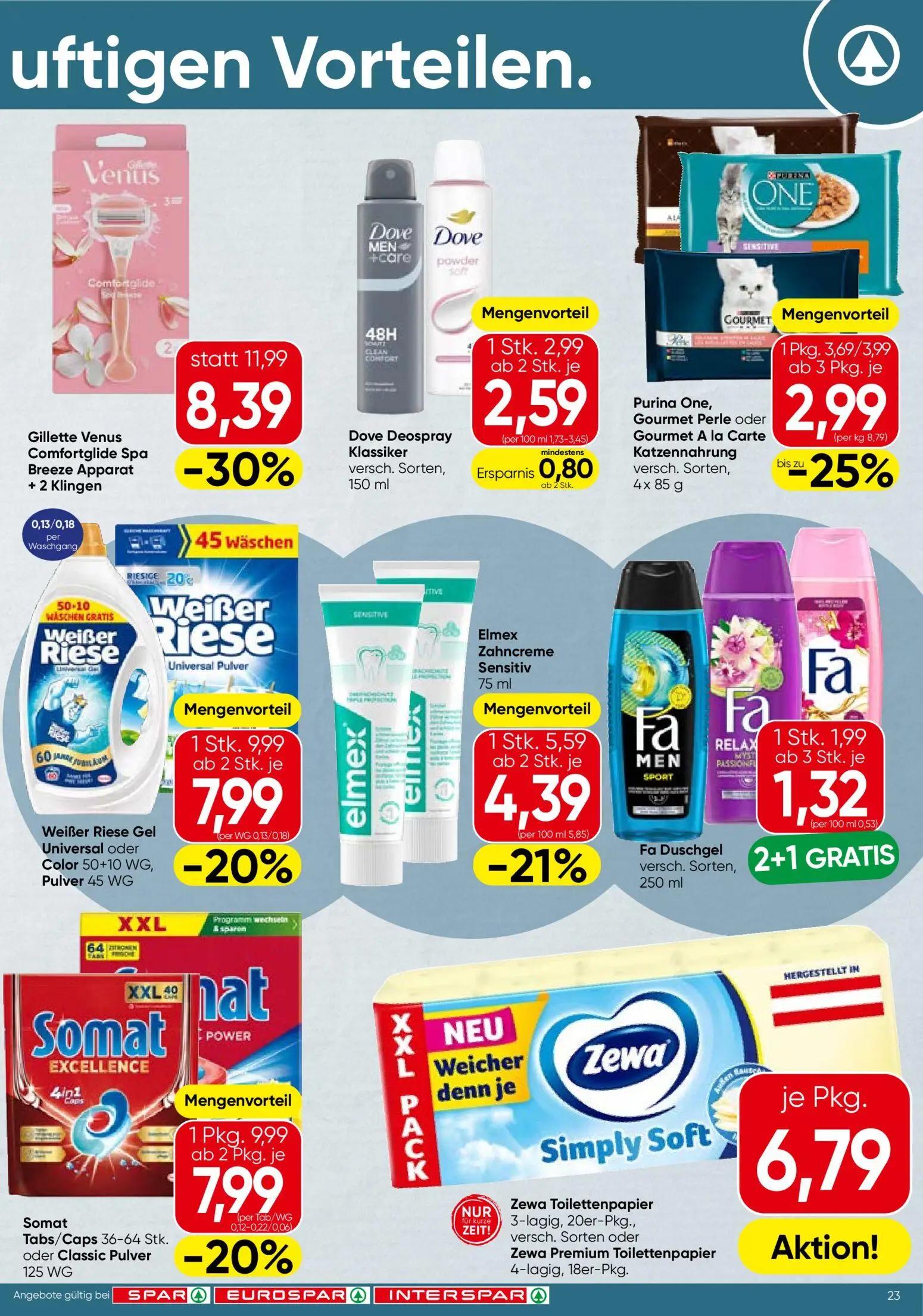 Spar Prospekt, Seite 23 von 24 — Gillette Venus Comfortglide Spa Breeze Apparat + 2 Klingen, Weißer Riese Gel Universal oder…