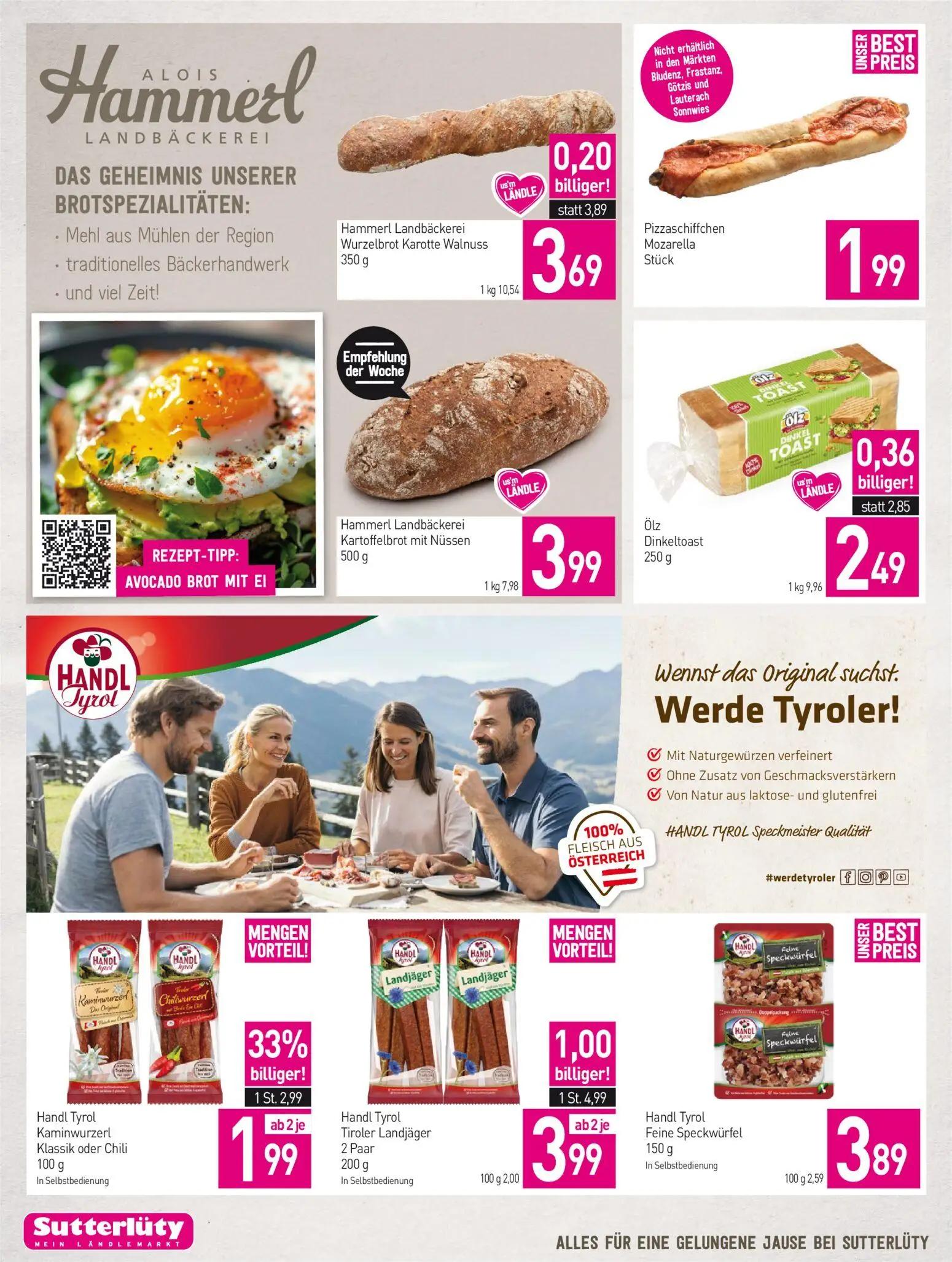 Sutterlüty Prospekt, Seite 4 von 20 — Handl Tyrol Kaminwurzerl Klassik oder Chili, Ölz Dinkeltoast, Hammerl Landbäckerei Wur…