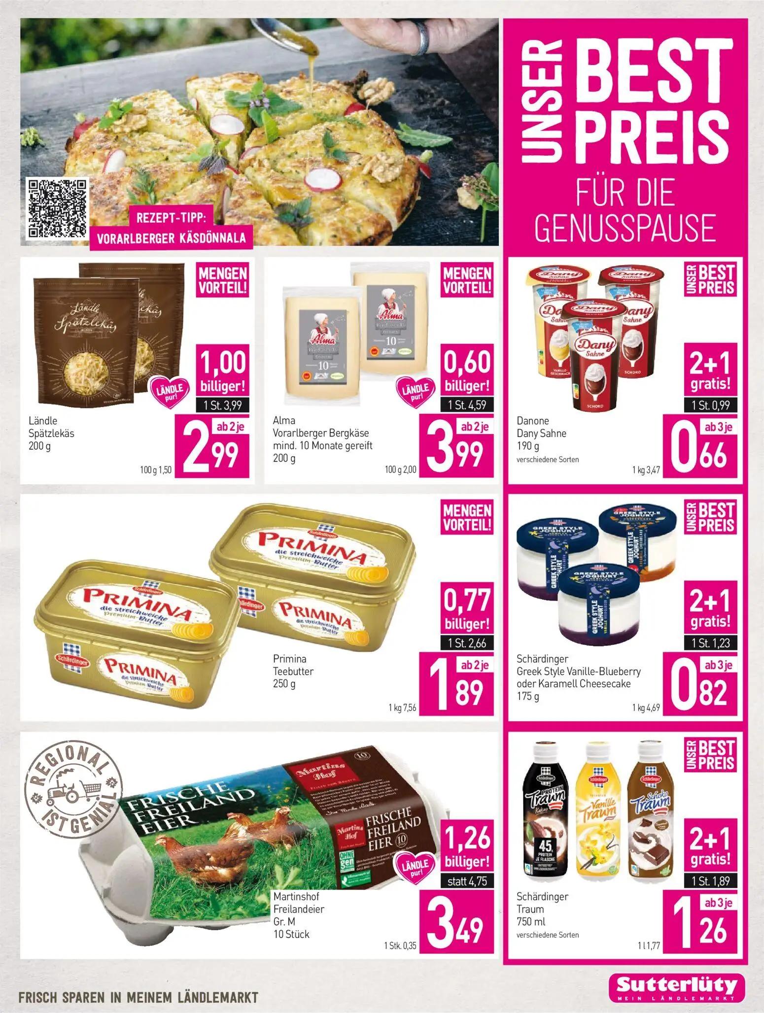 Sutterlüty Prospekt, Seite 5 von 20 — Martinshof Freilandeier Gr. M, Ländle Spätzlekäs, Primina Teebutter