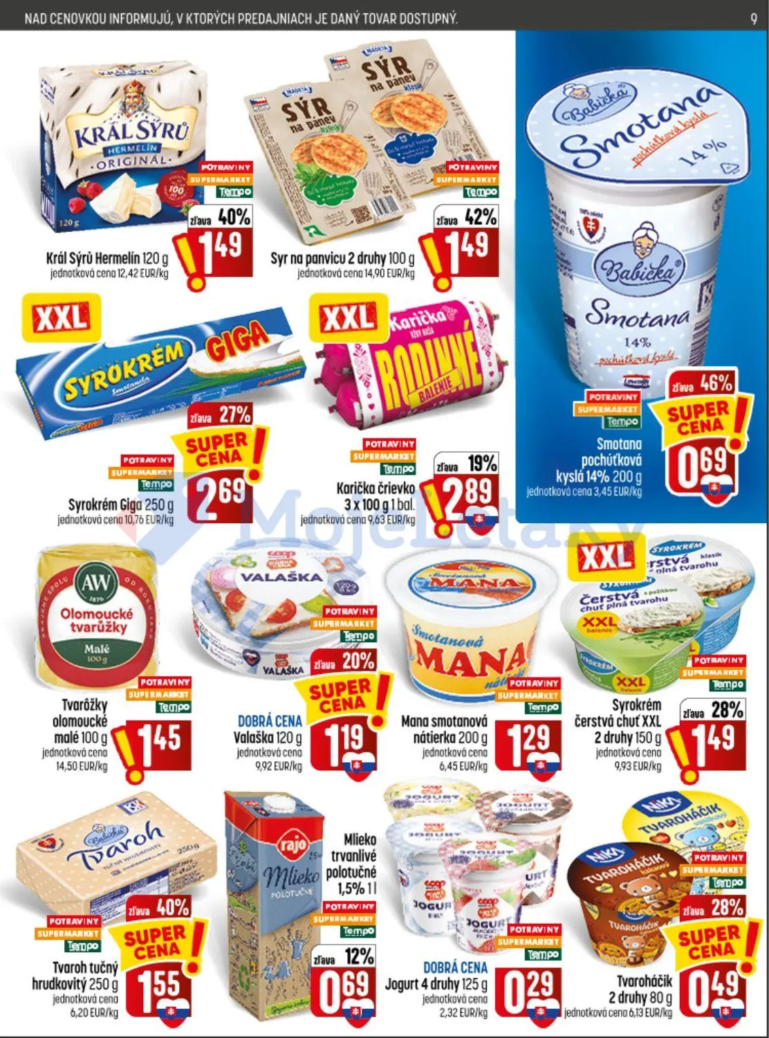 Coop Jednota leták, strana 9 z 32 — Syr na panvicu, Tvaroh tučný hrudkovitý, Kráľ Sýrů Hermelín
