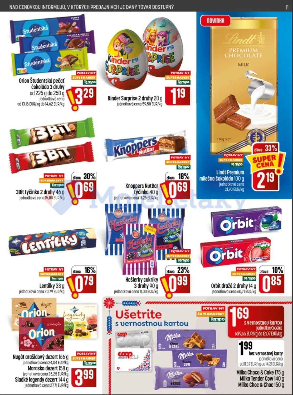 Coop Jednota leták, strana 11 z 32 — Lindt Premium mliečna čokoláda, 3Bit tyčinka 2 druhy, Hašlerky cukríky 3 druhy