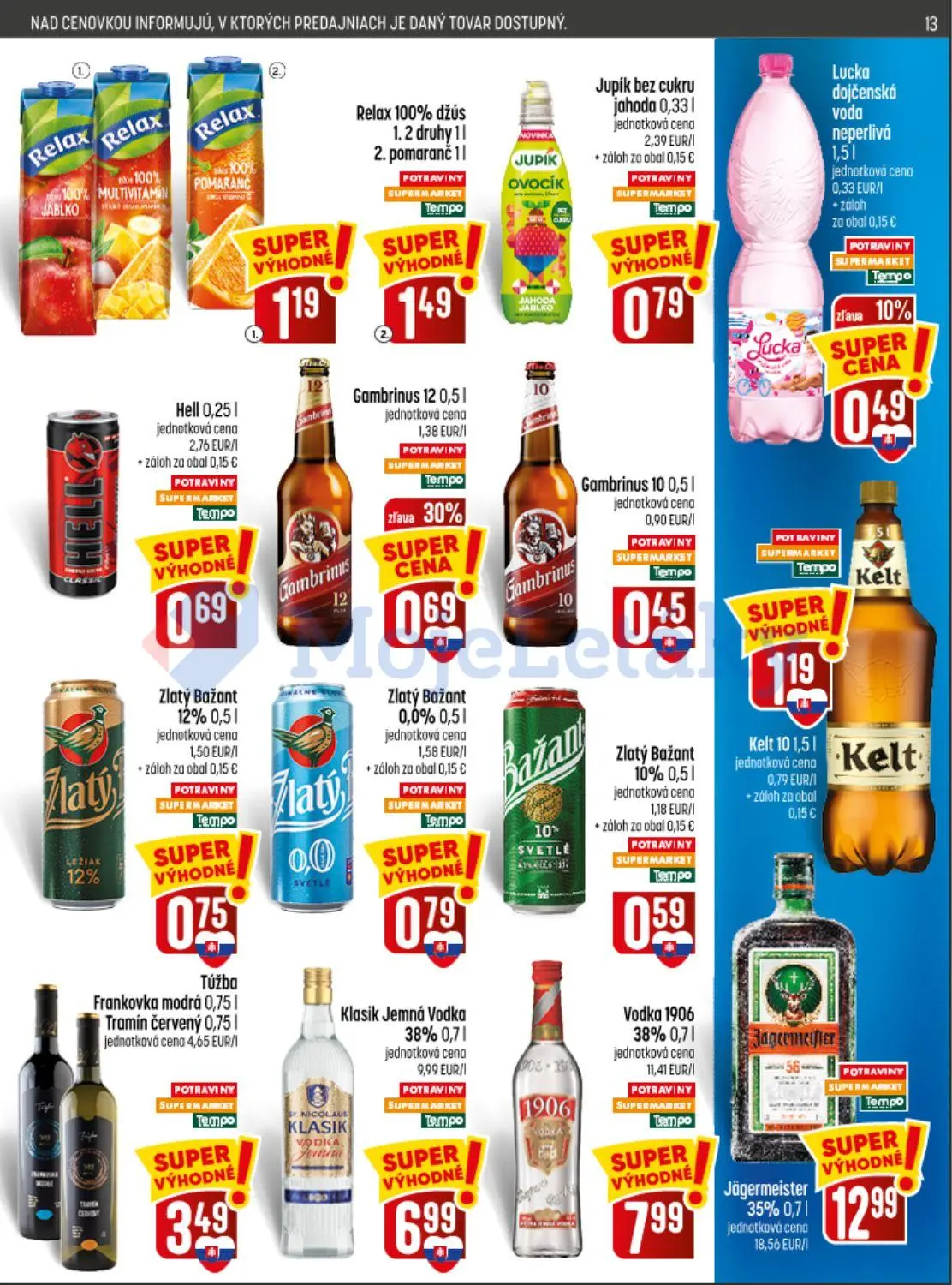 Coop Jednota leták, strana 13 z 32 — Gambrinus 12, Lucka dojčenská voda neperlivá, Relax 100% džús 1. 2 druhy