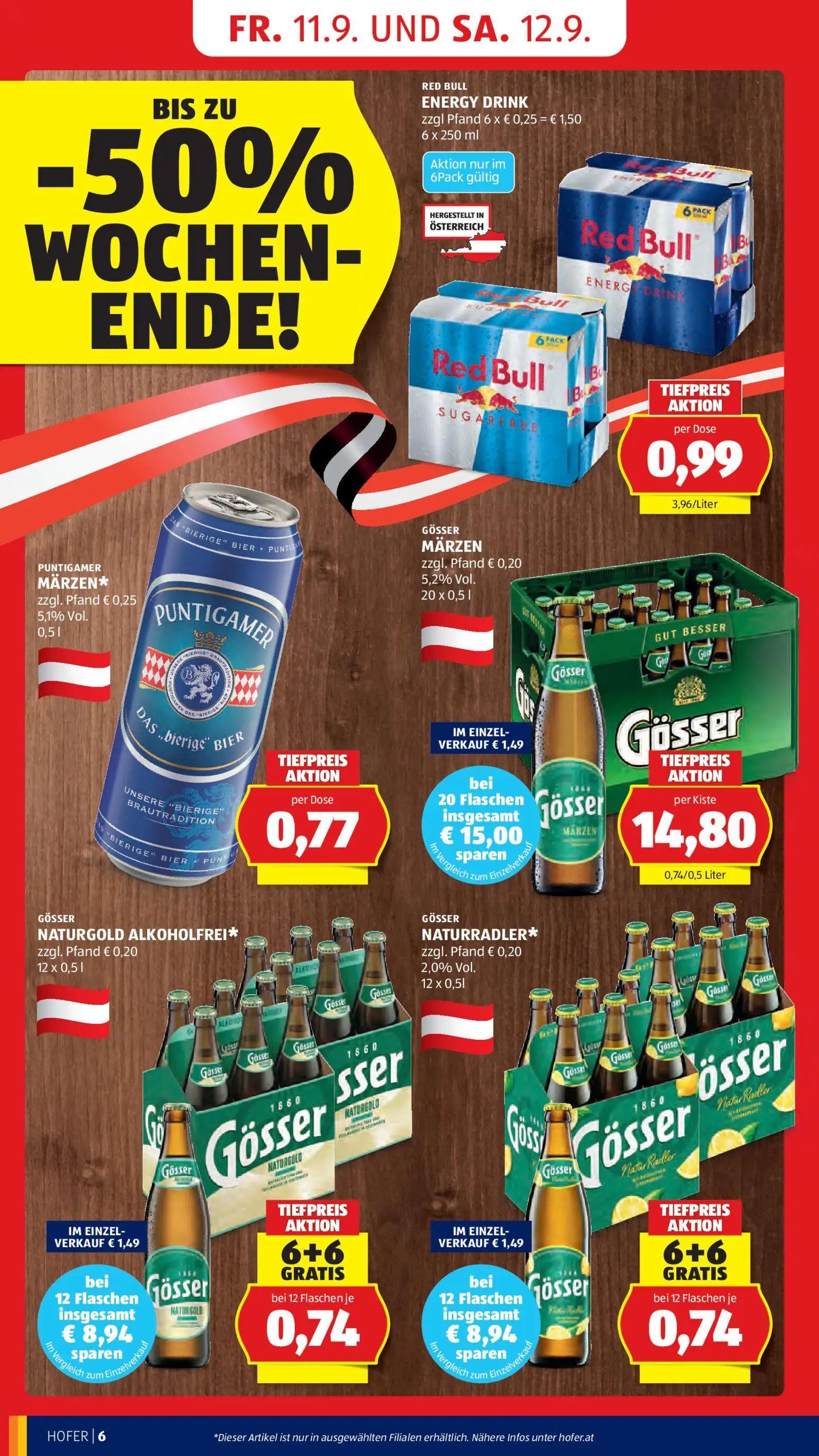 Hofer Prospekt, Seite 14 von 47 — RED BULL ENERGY DRINK, PUNTIGAMER MÄRZEN*, GÖSSER MÄRZEN