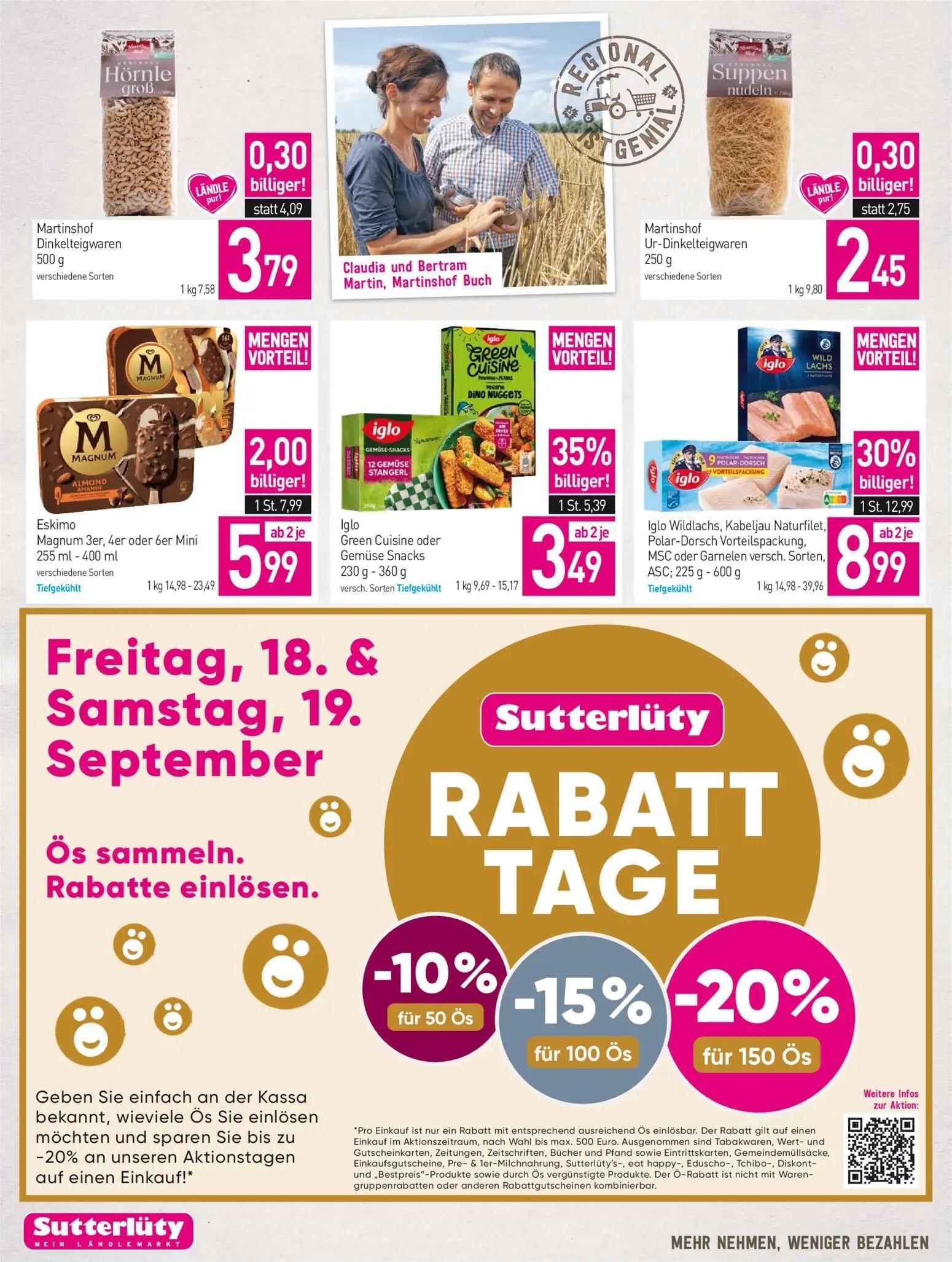 Sutterlüty Prospekt, Seite 18 von 20 — Iglo Wildlachs, Kabeljau Naturfilet, Polar-Dorsch Vorteilspackung, MSC oder Garnelen …