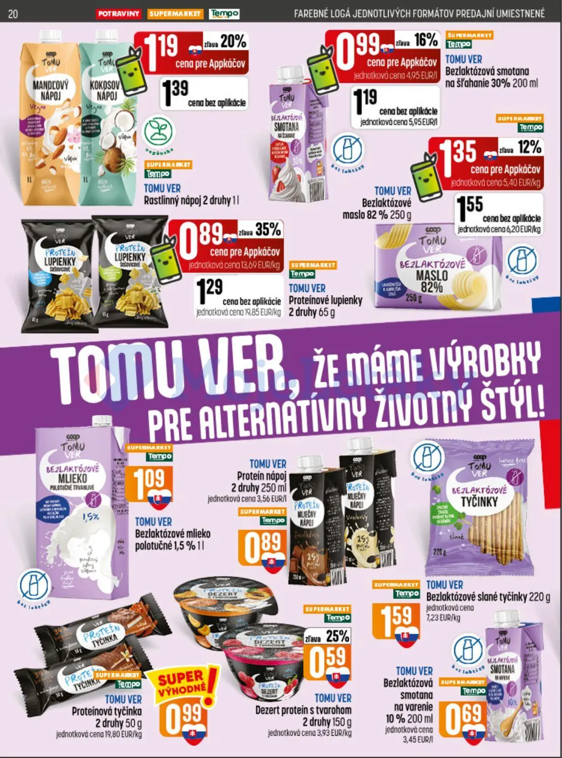 Coop Jednota leták, strana 20 z 32 — TOMU VER Proteínové lupienky, TOMU VER Mandľový nápoj, TOMU VER Kokosový nápoj