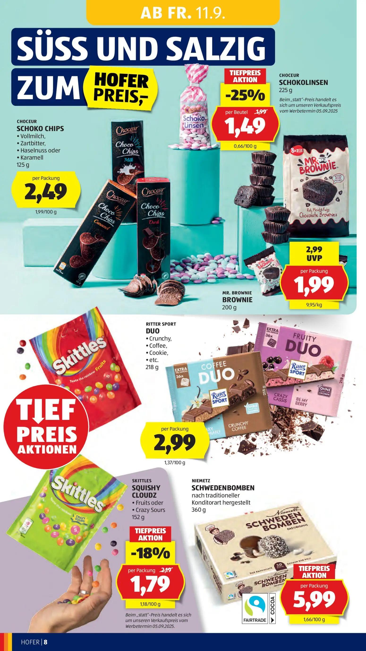 Hofer Prospekt, Seite 16 von 47 — MR. BROWNIE BROWNIE, CHOCEUR SCHOKOLINSEN, SKITTLES SQUISHY CLOUDZ