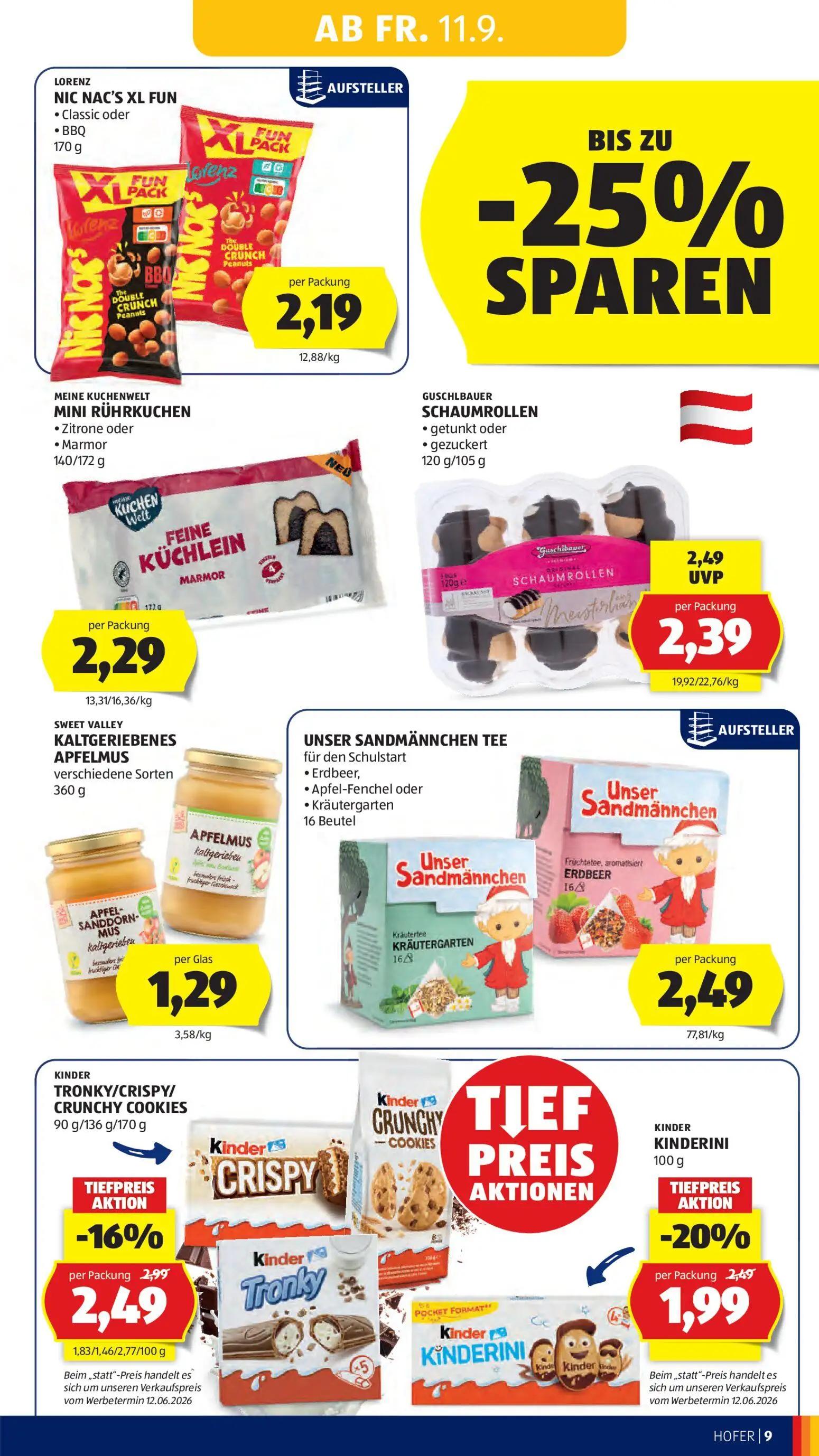 Hofer Prospekt, Seite 17 von 47 — KINDER TRONKY/CRISPY/CRUNCHY COOKIES, KINDER KINDERINI, GUSCHLBAUER SCHAUMROLLEN