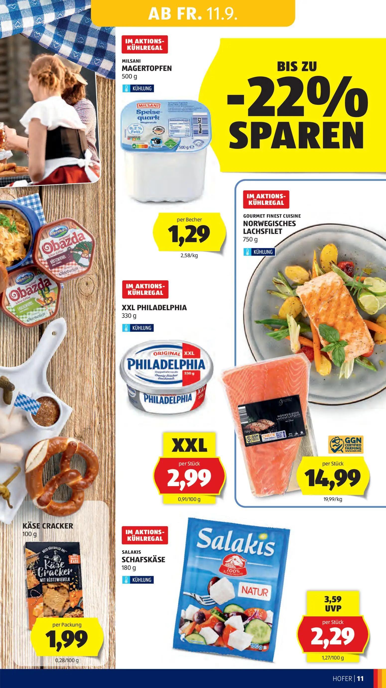 Hofer Prospekt, Seite 19 von 47 — SALAKIS SCHAFSKÄSE NATUR, MILSANI MAGERTOPFEN, XXL PHILADELPHIA