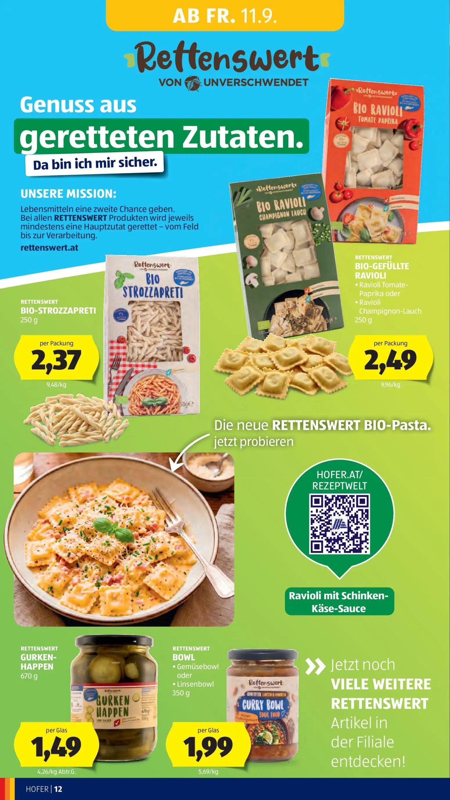 Hofer Prospekt, Seite 20 von 47 — BIO-STROZZAPRETI, BIO-GEFÜLLTE RAVIOLI, GURKEN-HAPPEN
