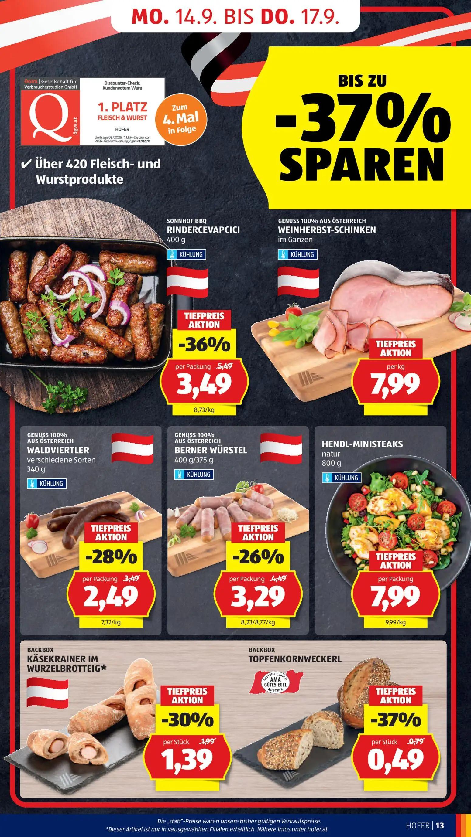 Hofer Prospekt, Seite 21 von 47 — RINDERCEVAPCICI, BERNER WÜRSTEL, WALDVIERTLER