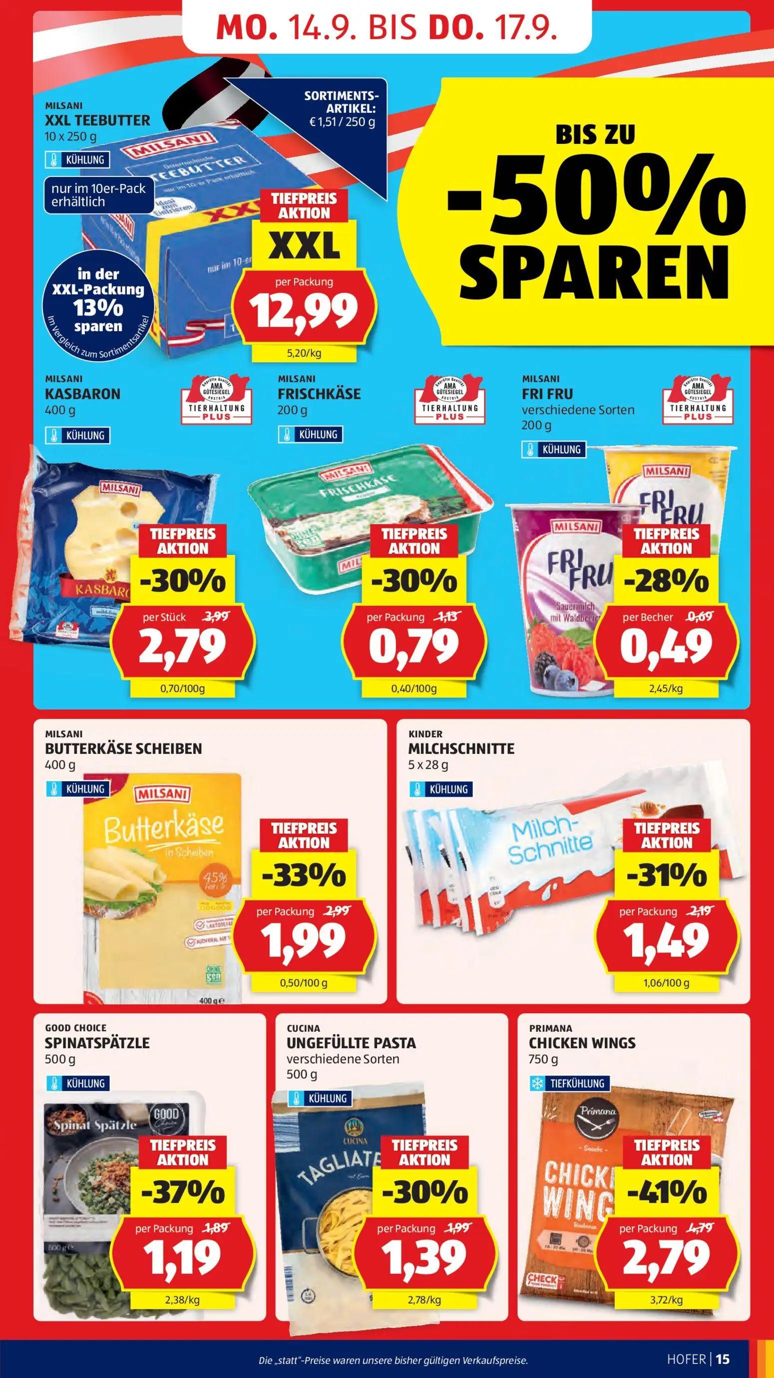 Hofer Prospekt, Seite 23 von 47 — PRIMANA CHICKEN WINGS, MILSANI KASBARON, MILSANI BUTTERKÄSE SCHEIBEN