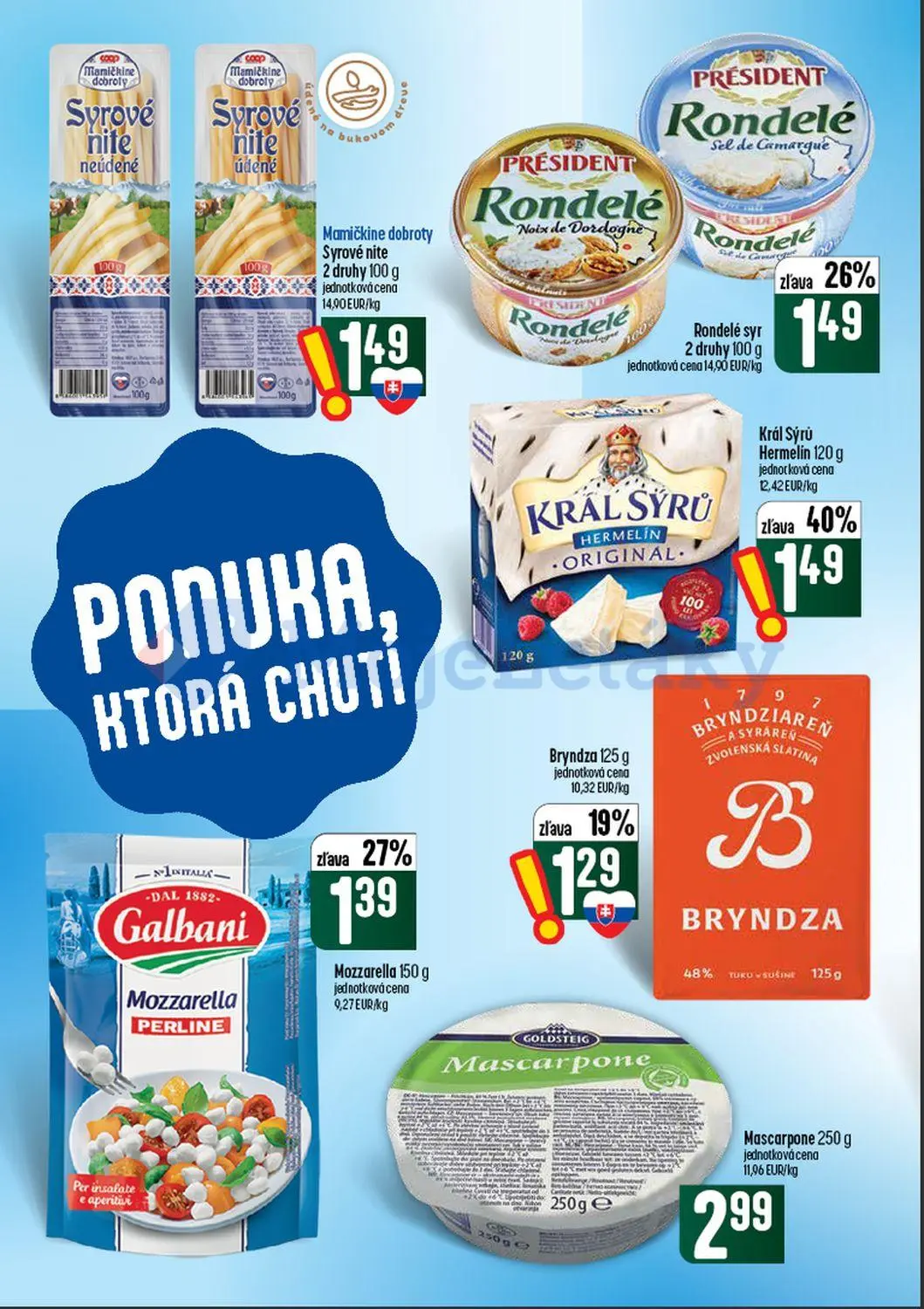 Coop Tempo leták, strana 22 z 60 — Kráľ Sýrů Hermelín, Rondelé syr, Galbani Mozzarella PERLINE