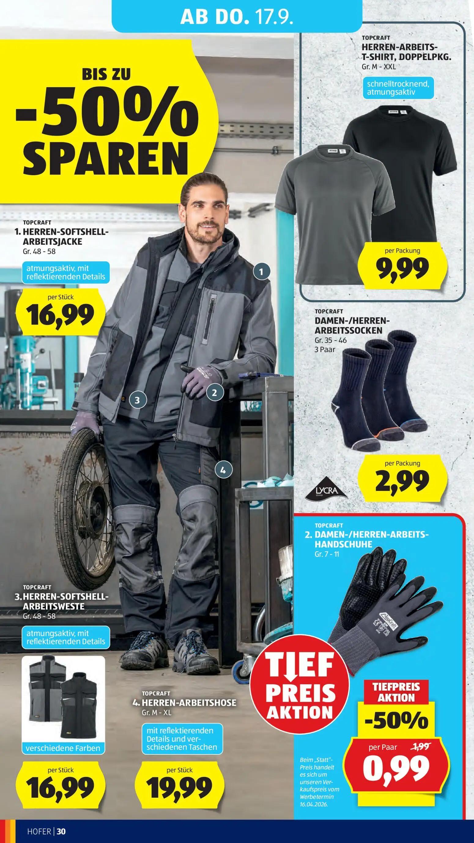 Hofer Prospekt, Seite 40 von 47 — 2. DAMEN-/HERREN-ARBEITS- HANDSCHUHE, HERREN-ARBEITS- T-SHIRT, DOPPELPKG., 1. HERREN-SOFTS…