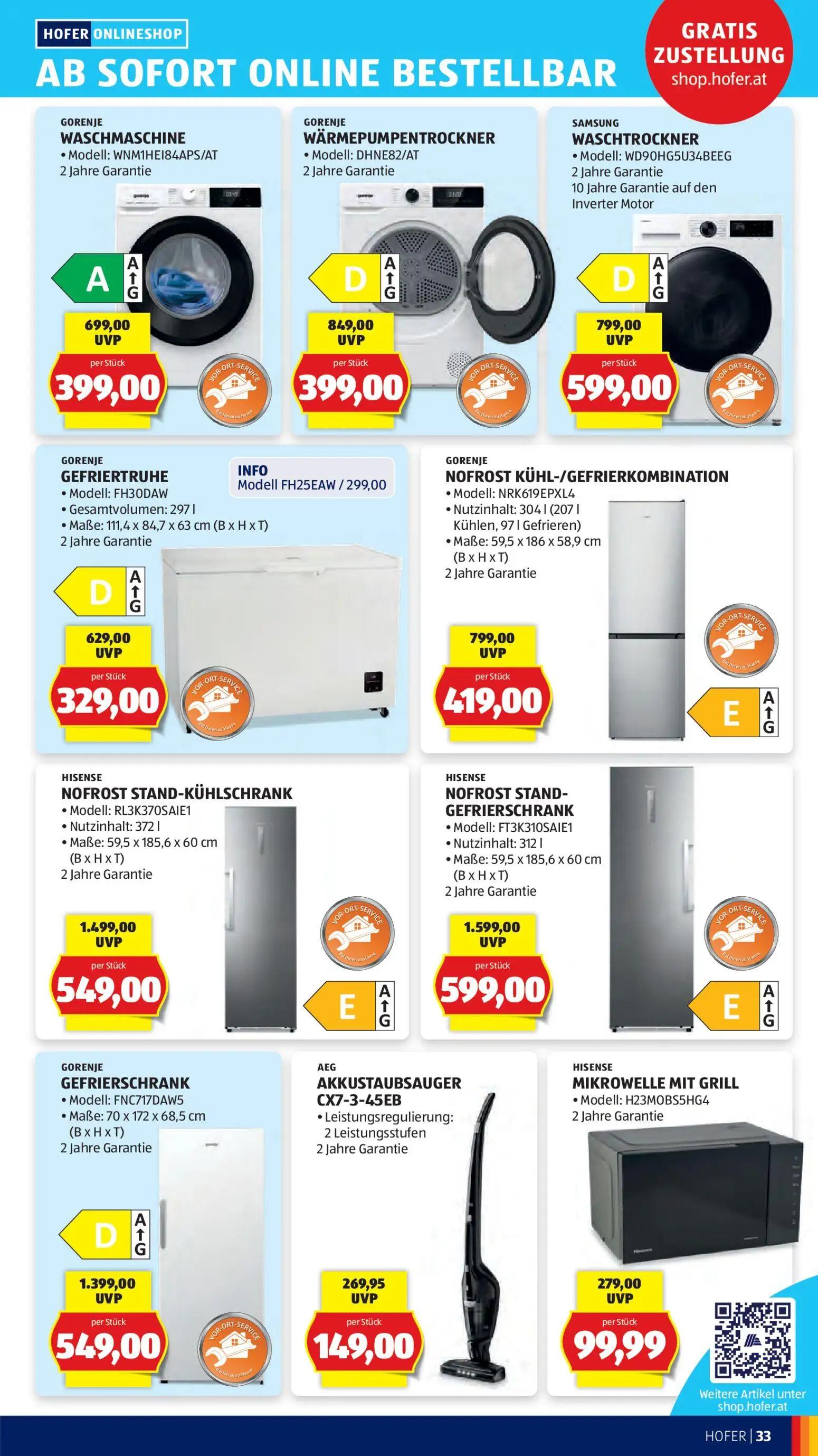 Hofer Prospekt, Seite 43 von 47 — NOFROST STAND-GEFRIERSCHRANK Modell: FT3K310SAIE1 Nutzinhalt: 312 l Maße: 59,5 x 185,6 x 6…