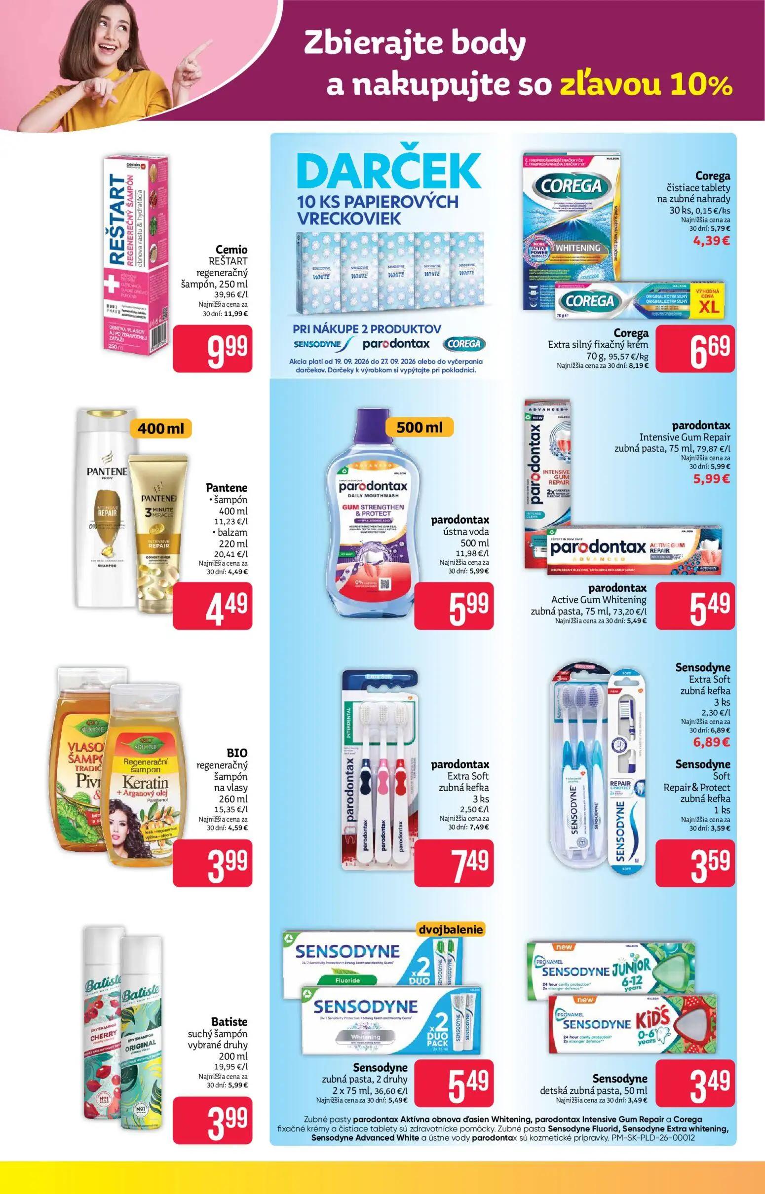 Teta Drogerie leták, strana 10 z 16 — Cemio REŠTART regeneračný šampón, Batiste suchý šampón vybrané druhy, Corega Extra sil…