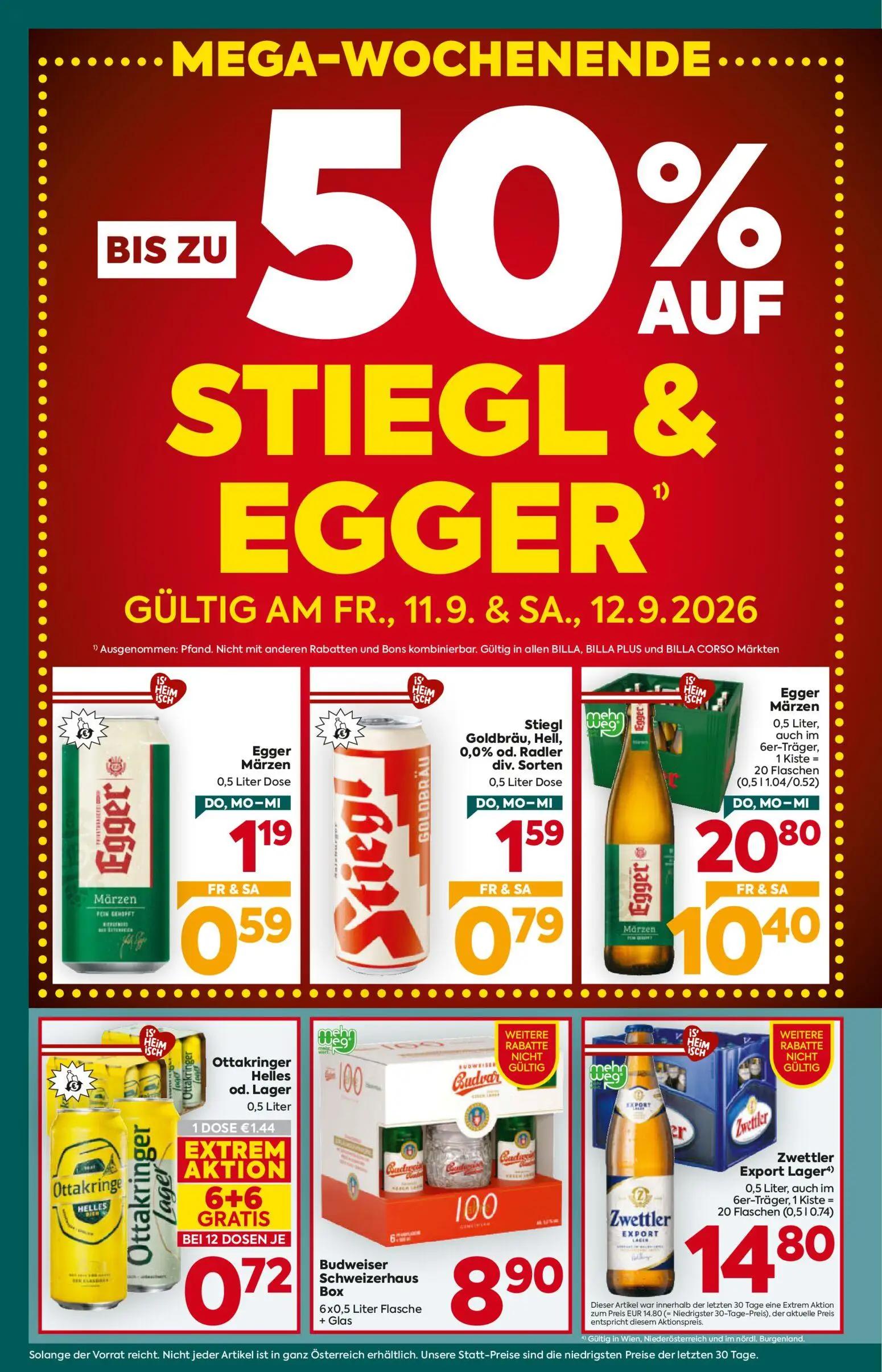 Billa Plus Prospekt, Seite 2 von 16 — Egger Märzen, Stiegl Goldbräu, Hell, 0,0% od. Radler div. Sorten, Ottakringer Helles o…