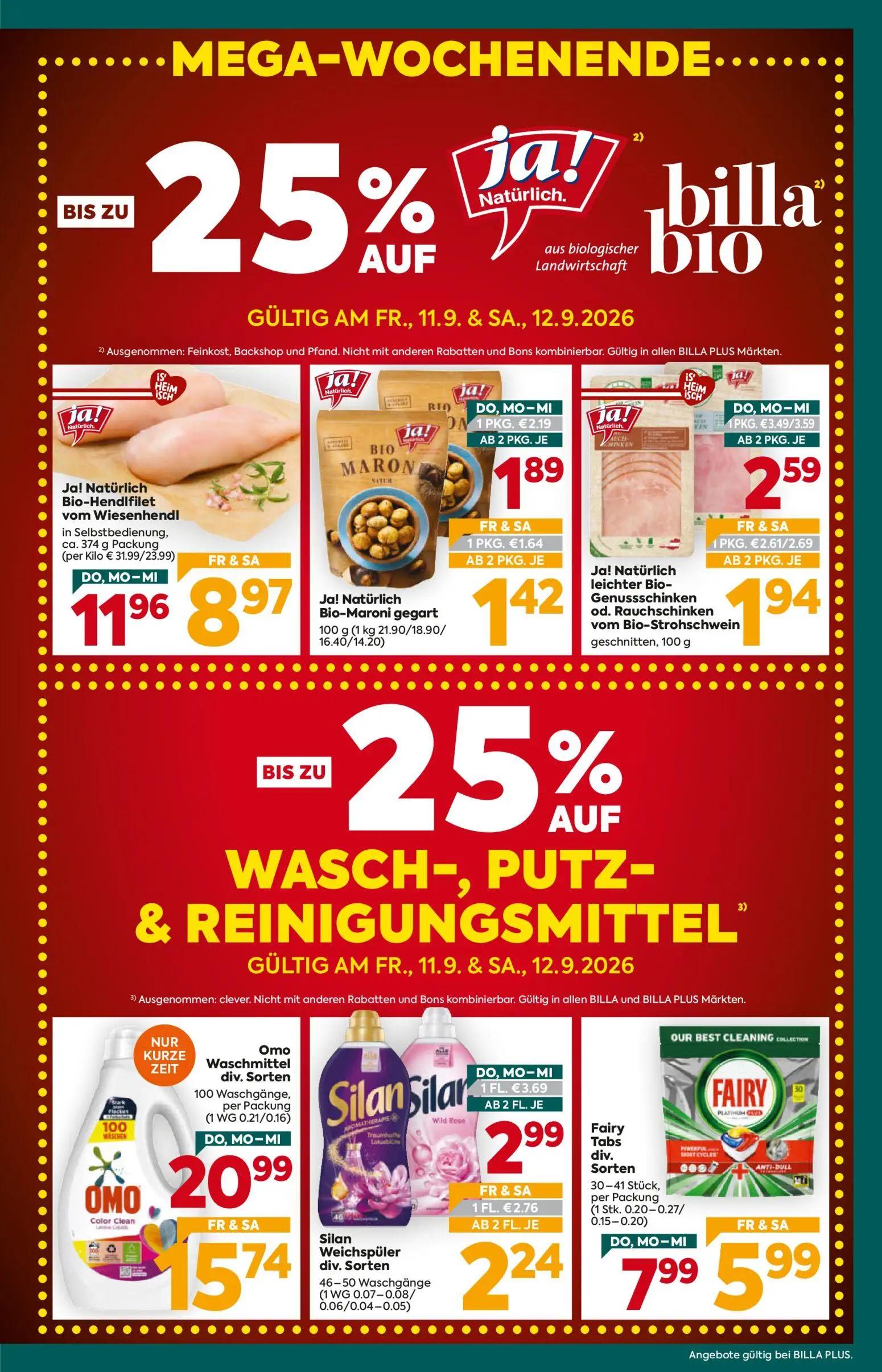 Billa Plus Prospekt, Seite 3 von 16 — Omo Waschmittel div. Sorten, Ja! Natürlich Bio-HendIfilet vom Wiesenhendi, Fairy Tabs …