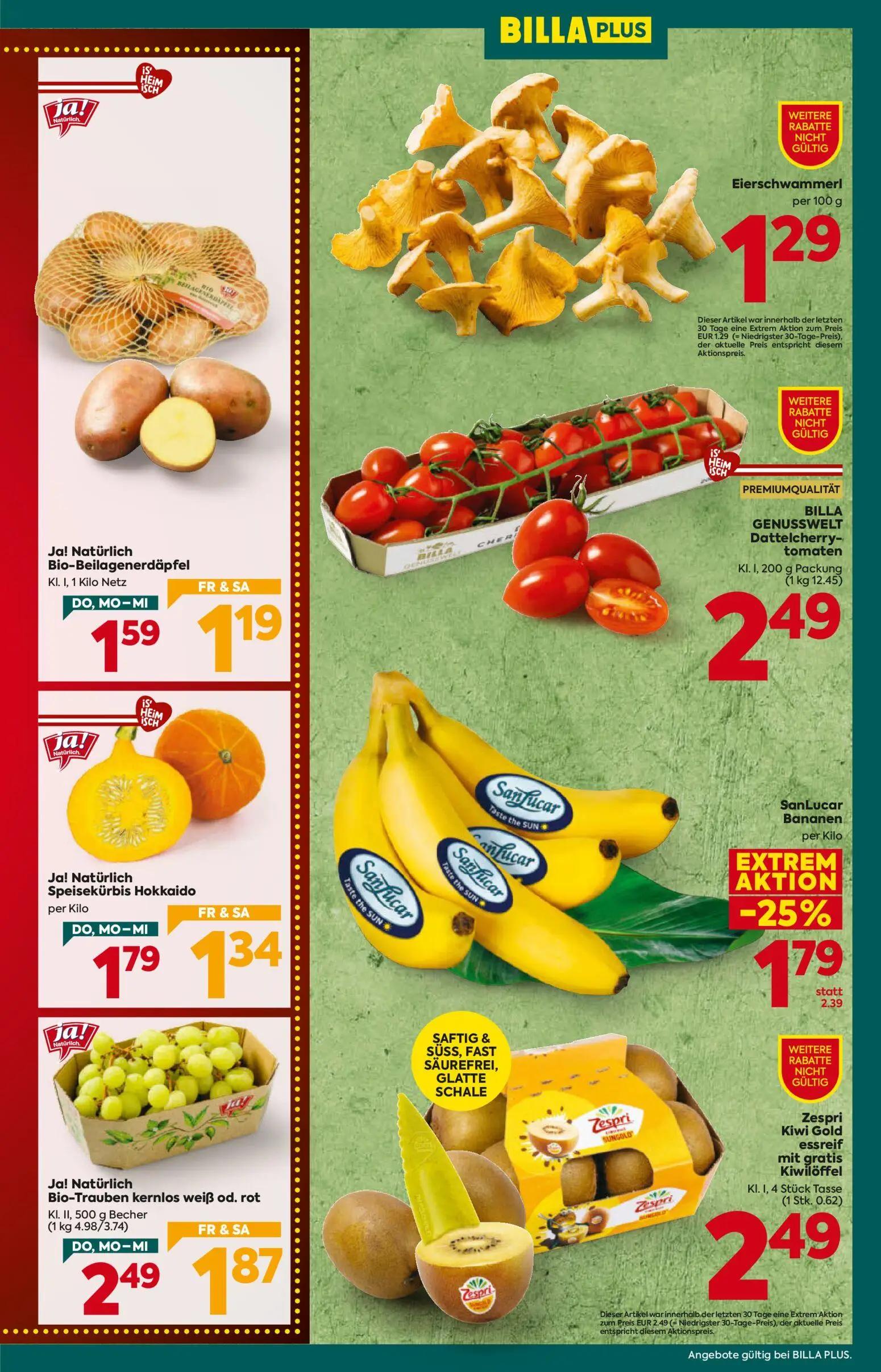 Billa Plus Prospekt, Seite 5 von 16 — Bio-Trauben kernlos weiß od. rot, SanLucar Bananen, Speisekürbis Hokkaido