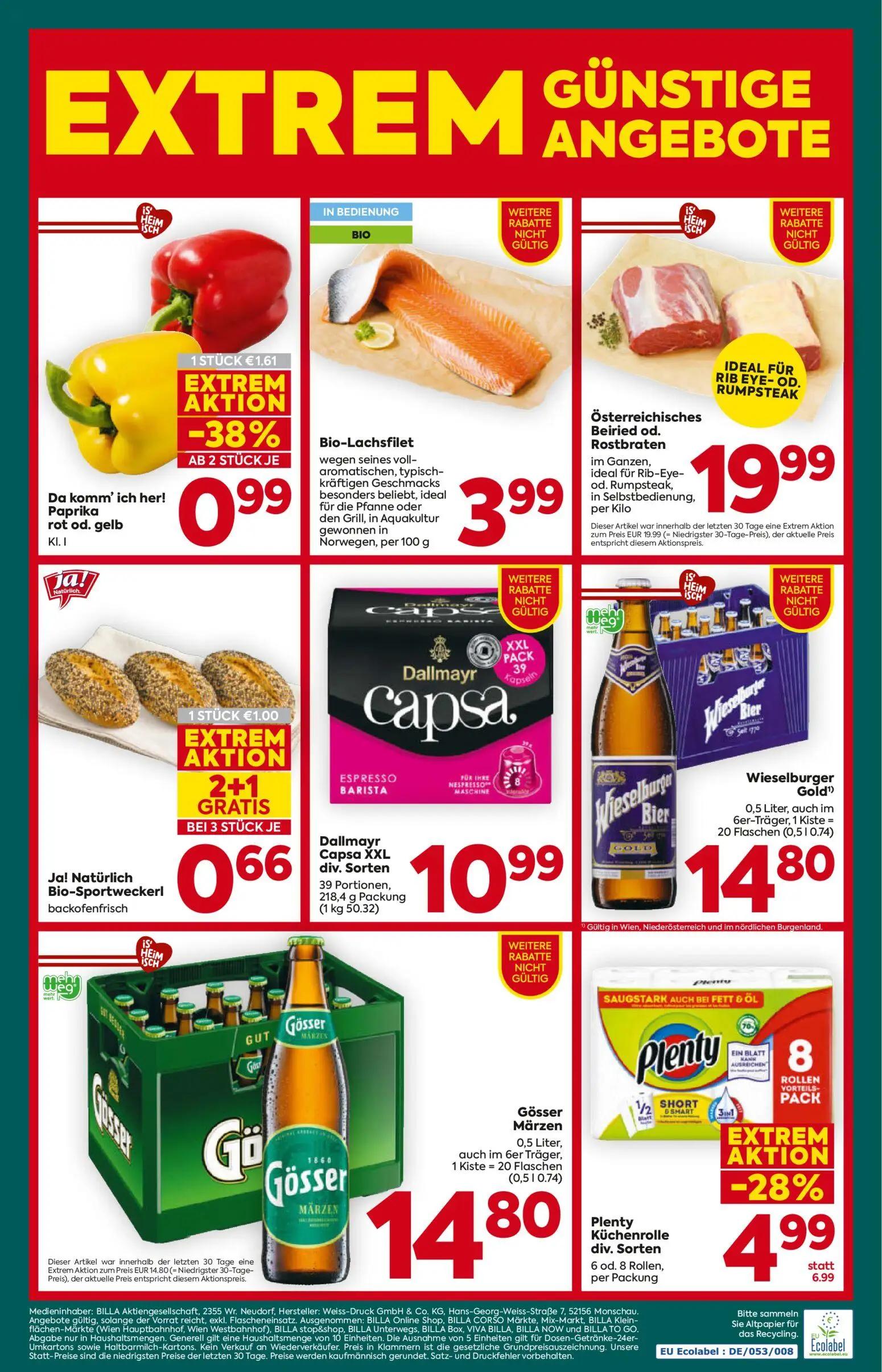 Billa Plus Prospekt, Seite 16 von 16 — Plenty Küchenrolle div. Sorten, Paprika rot od. gelb, Ja! Natürlich Bio-Sportweckerl