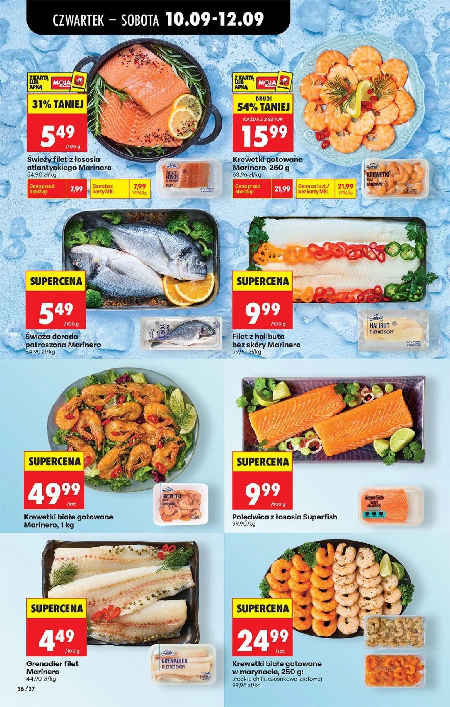 Biedronka gazetka, strona 44 z 95 — Krewetki gotowane Marinero, Świeży filet z łososia atlantyckiego Marinero, Świeża dorada…