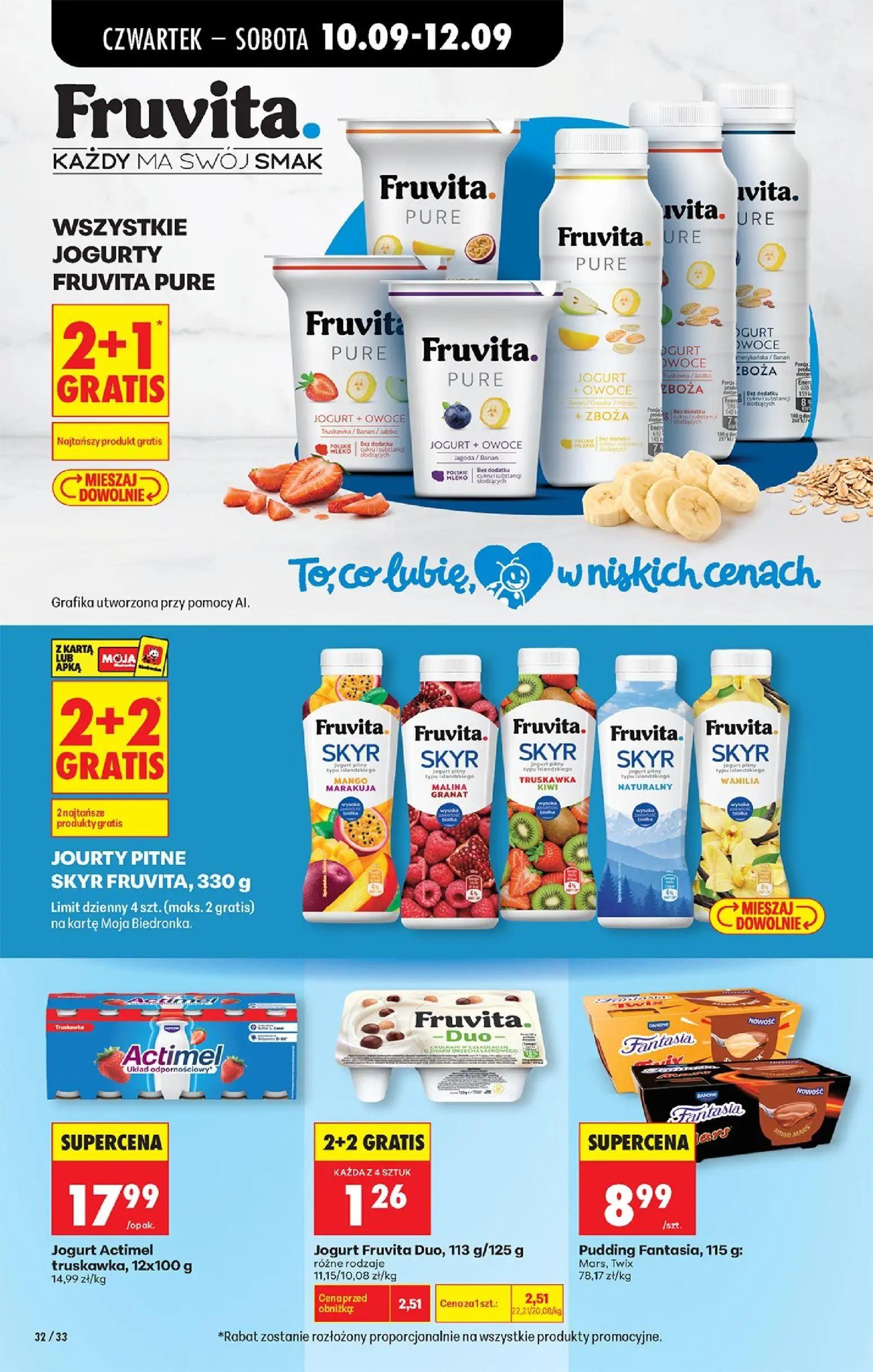Biedronka gazetka, strona 52 z 95 — Jogurt Fruvita Duo, różne rodzaje, Jogurt Actimel truskawka, Pudding Fantasia