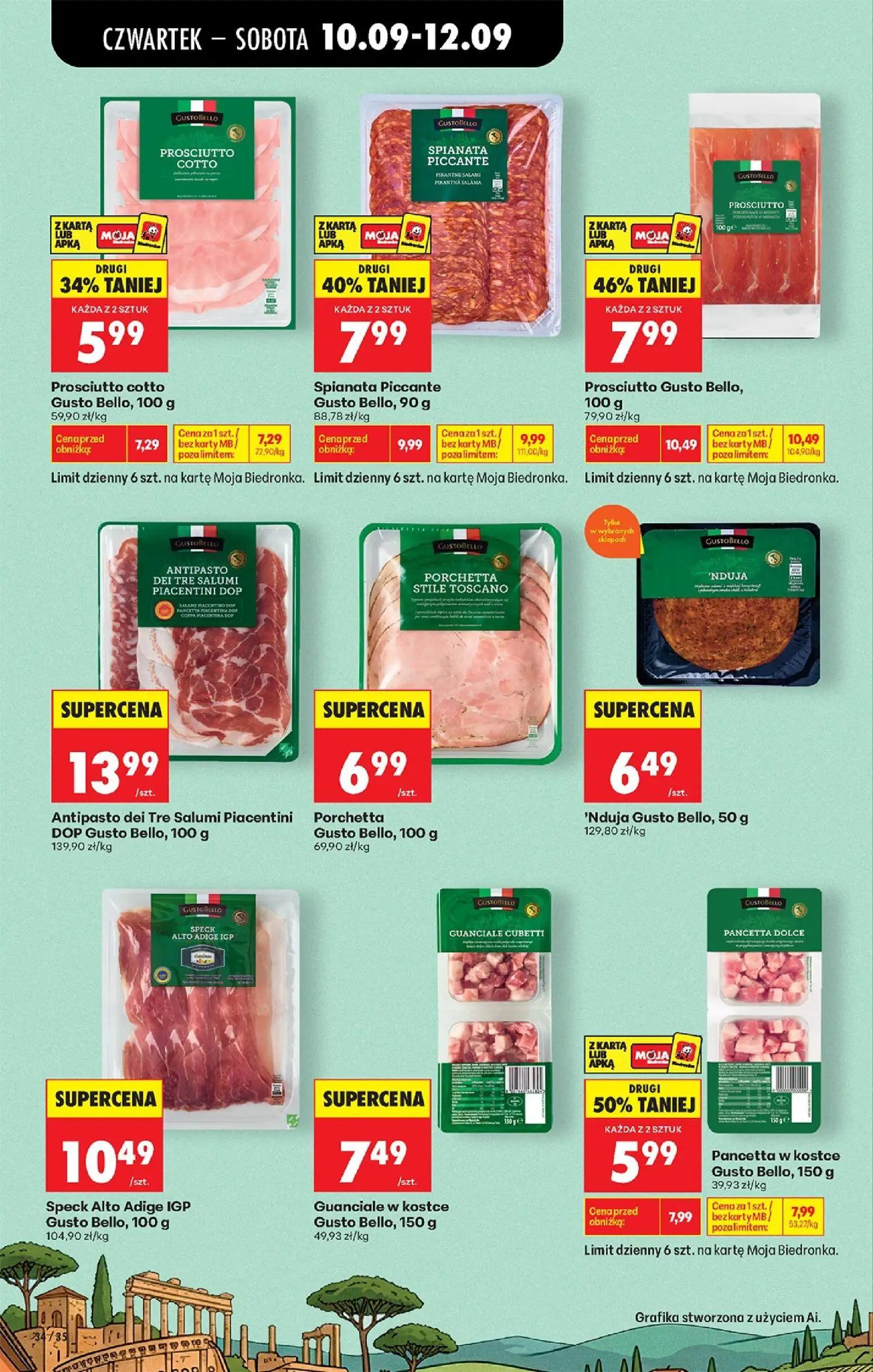 Biedronka gazetka, strona 54 z 95 — Prosciutto Gusto Bello, 100 g, Spianata Piccante Gusto Bello, 90 g, Pancetta w kostce Gu…