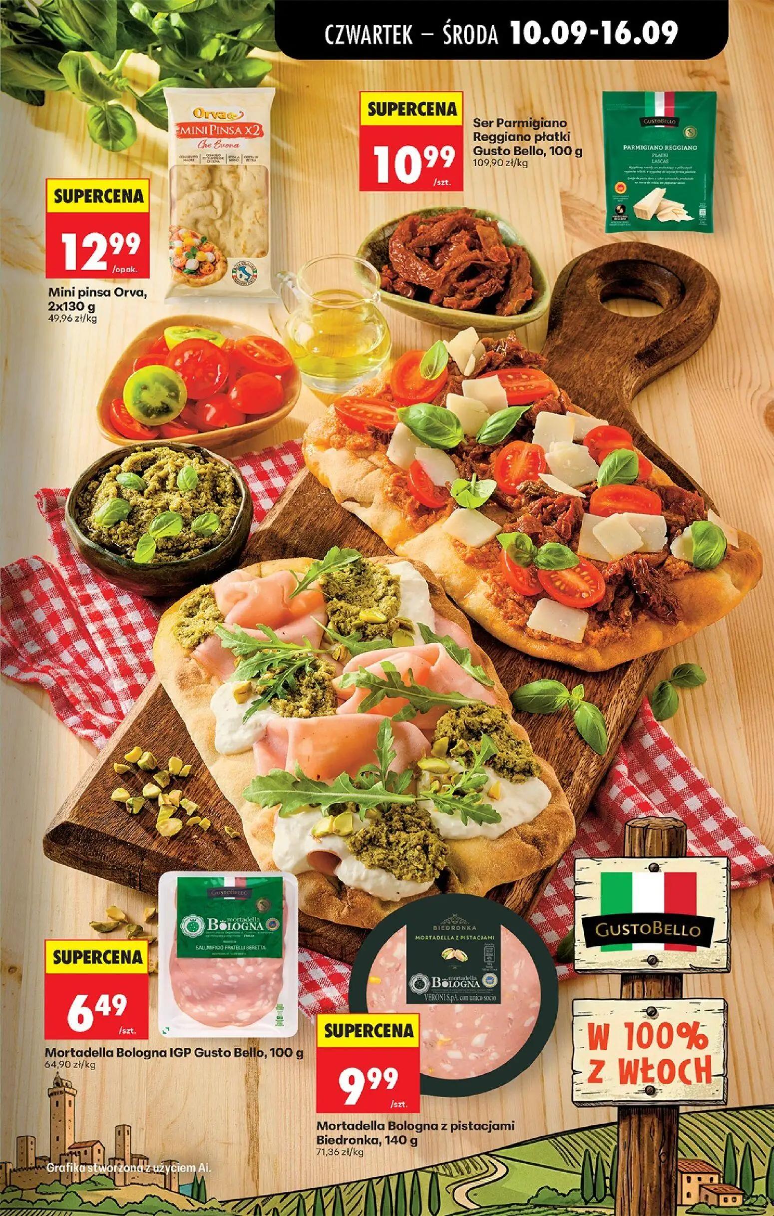 Biedronka gazetka, strona 57 z 95 — Mini pinsa Orva, Ser Parmigiano Reggiano płatki Gusto Bello, Mortadella Bologna IGP Gust…