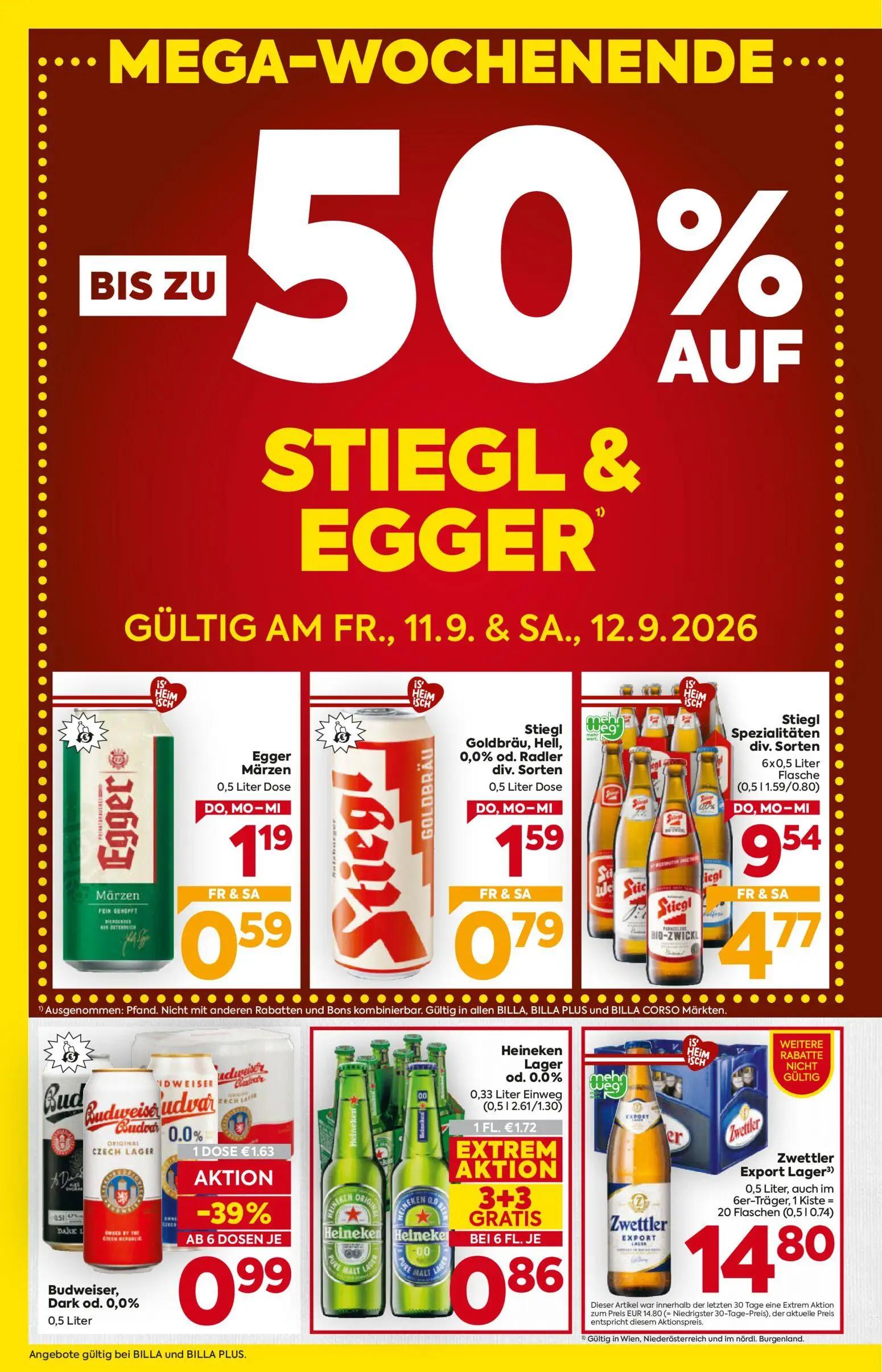 Billa Prospekt, Seite 2 von 16 — Stiegl Spezialitäten div. Sorten, Heineken Lager od. 0.0%, Stiegl Goldbräu, Hell, 0,0% od. …