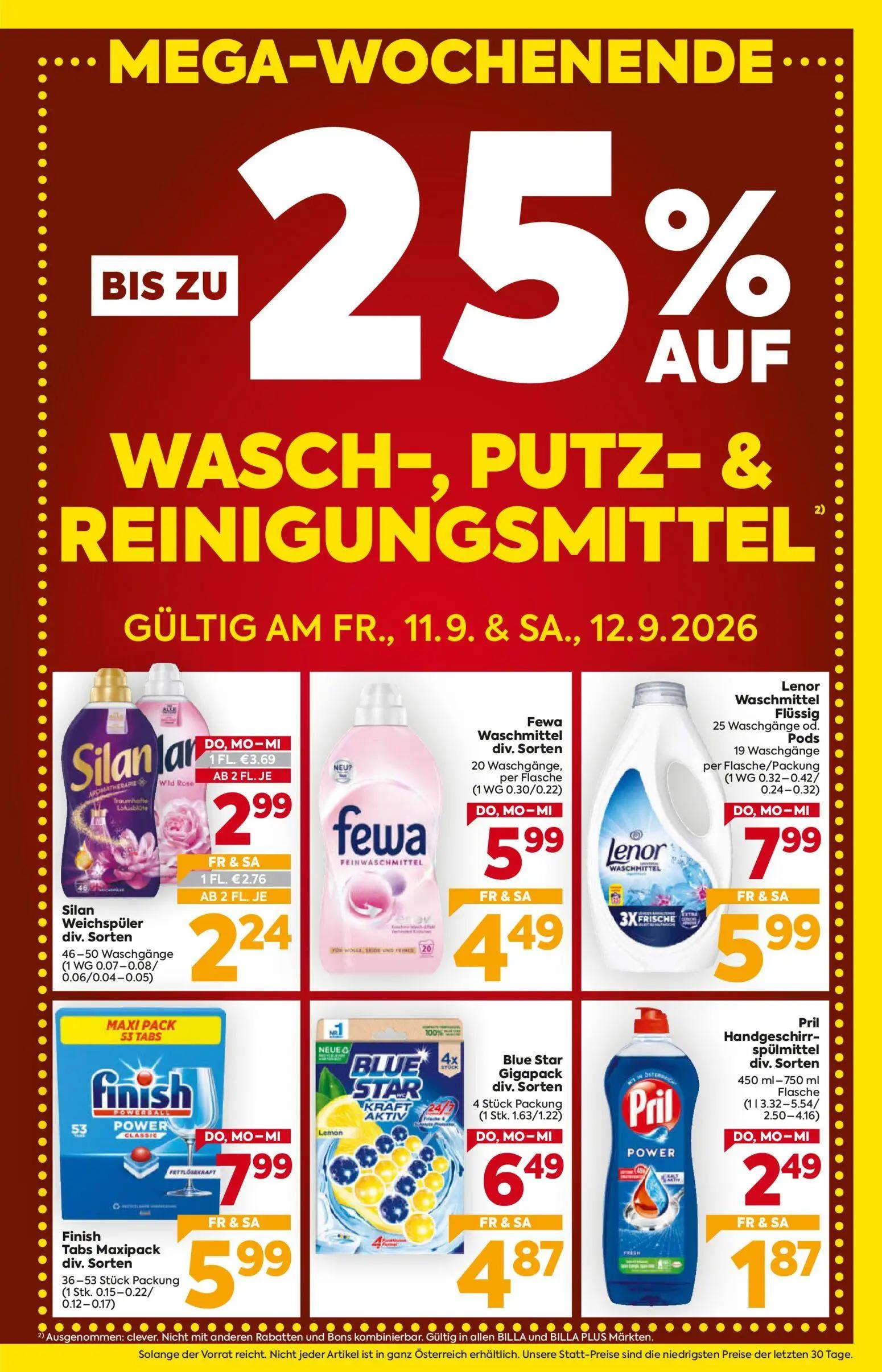 Billa Prospekt, Seite 3 von 16 — Lenor Waschmittel Flüssig, Finish Tabs Maxipack div. Sorten, Blue Star Gigapack div. Sorten