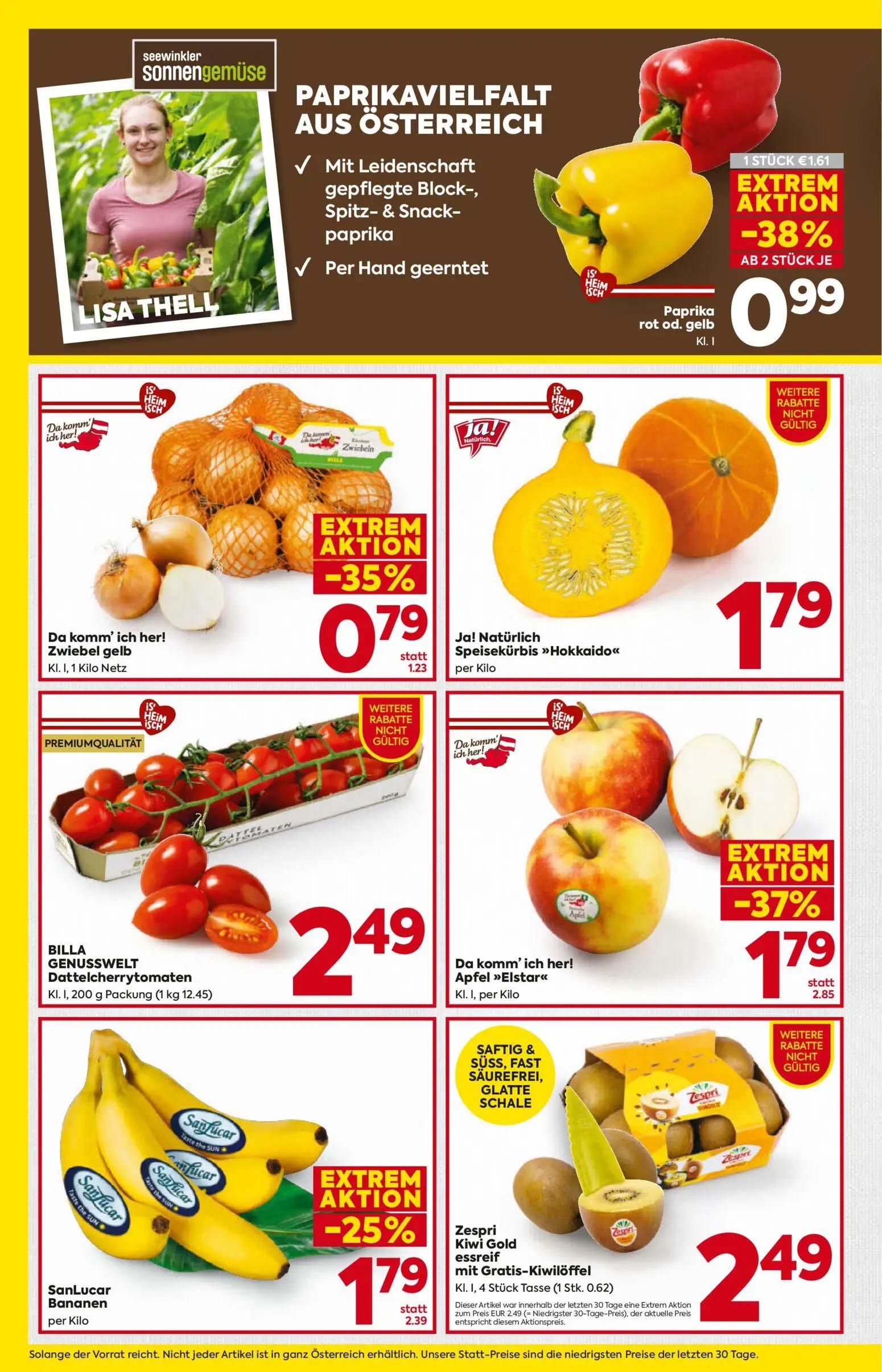 Billa Prospekt, Seite 6 von 16 — Apfel »Elstar«, Paprika rot od. gelb, SanLucar Bananen