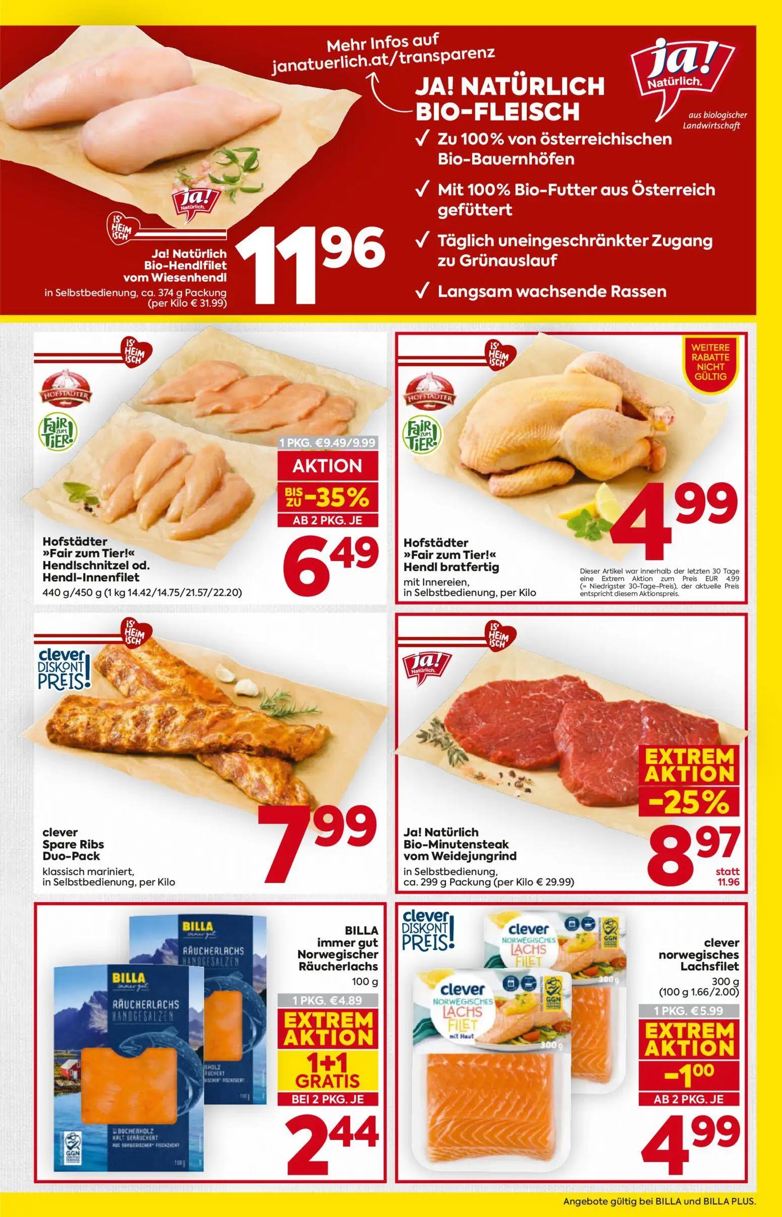 Billa Prospekt, Seite 7 von 16 — Hofstädter "Fair zum Tier!" Hendlschnitzel od. Hendl-Innenfilet, Ja! Natürlich Bio-Minutens…