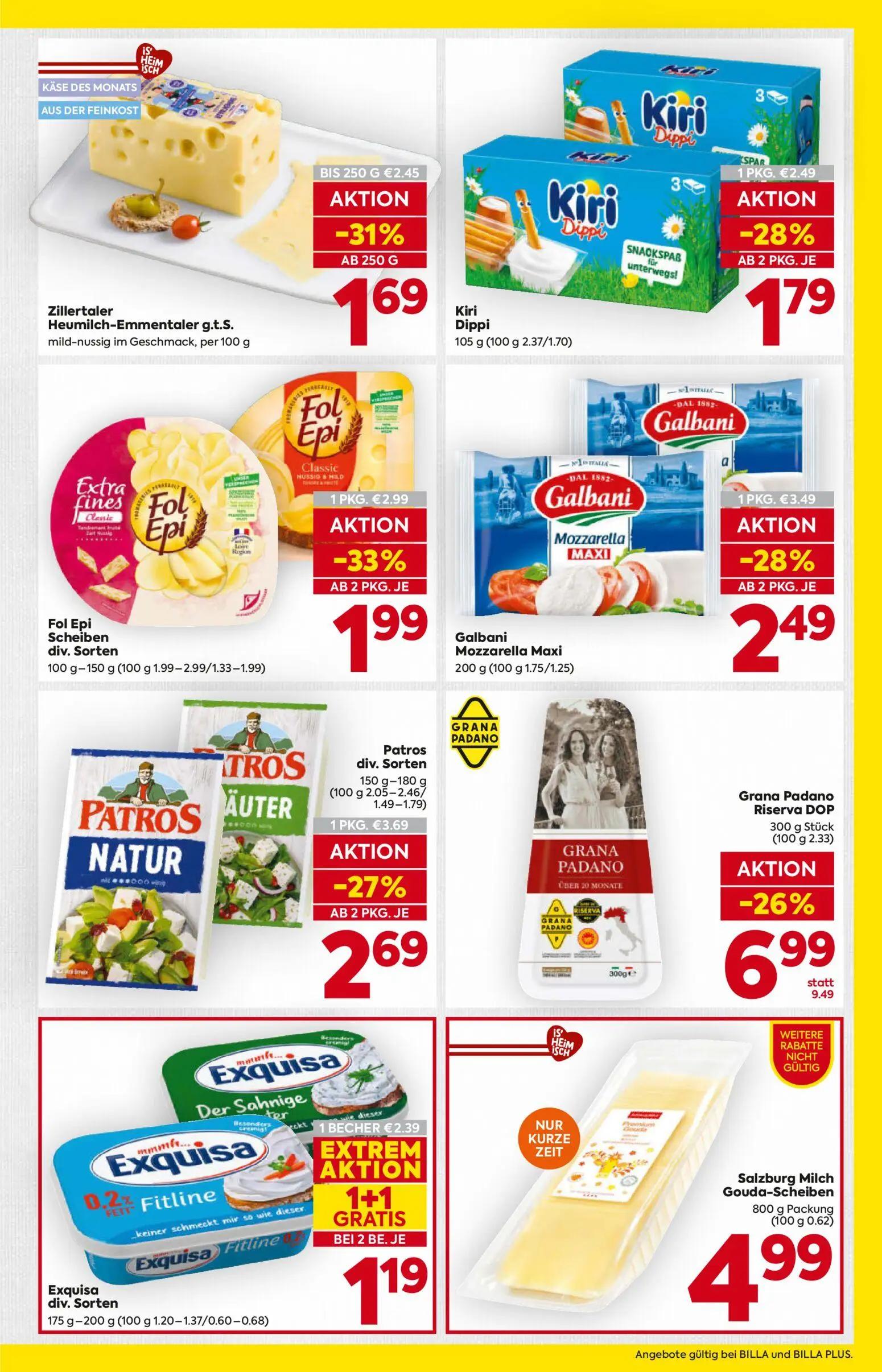 Billa Prospekt, Seite 9 von 16 — Grana Padano Riserva DOP, Exquisa div. Sorten, Fol Epi Scheiben div. Sorten