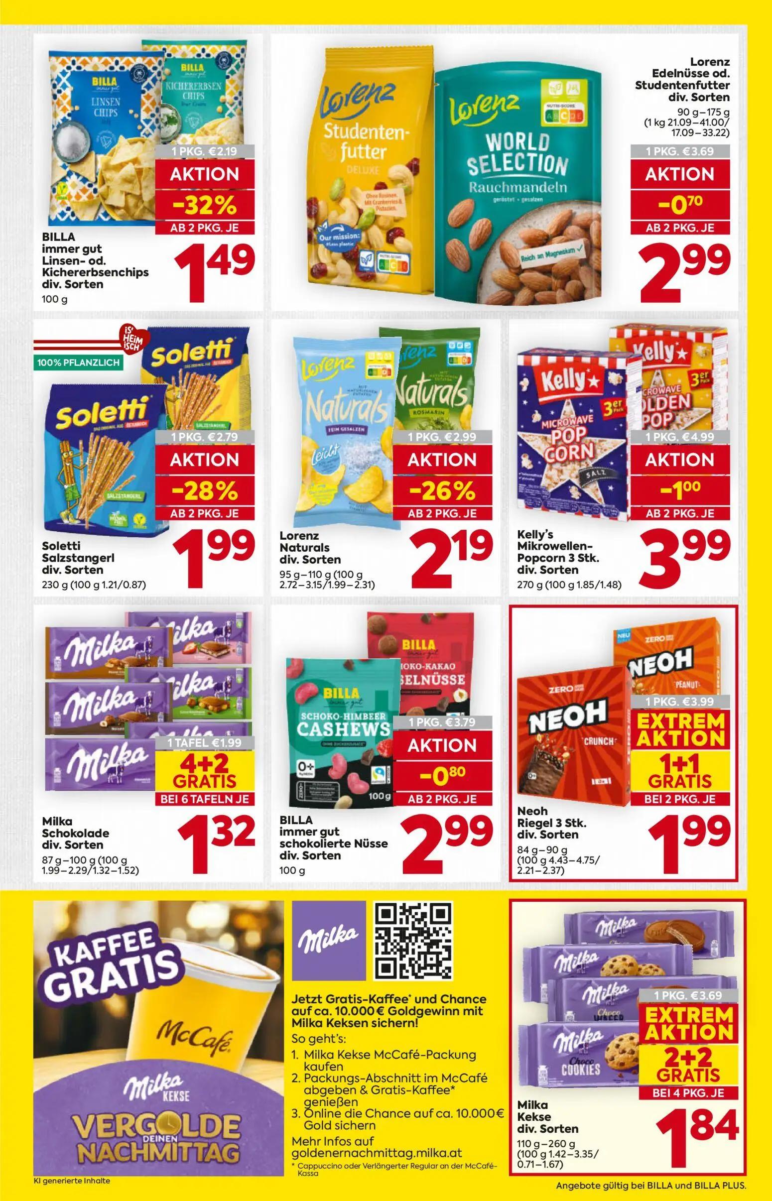 Billa Prospekt, Seite 13 von 16 — Neoh Riegel 3 Stk. div. Sorten, Milka Kekse div. Sorten, Kelly's Mikrowellen-Popcorn 3 Stk…
