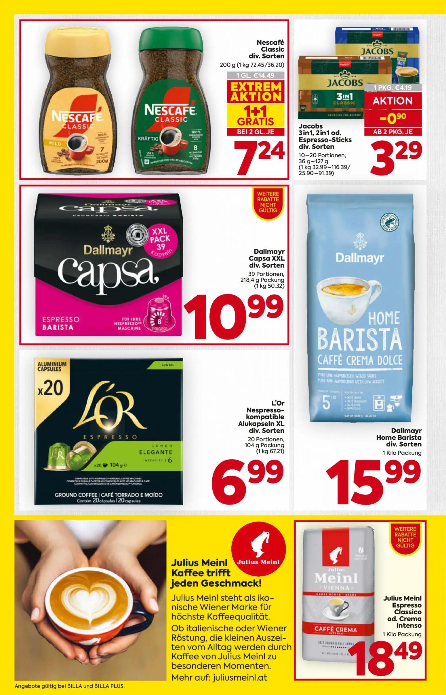 Billa Prospekt, Seite 14 von 16 — Nescafé Classic div. Sorten, Jacobs 3in1, 2in1 od. Espresso-Sticks div. Sorten, Dallmayr C…