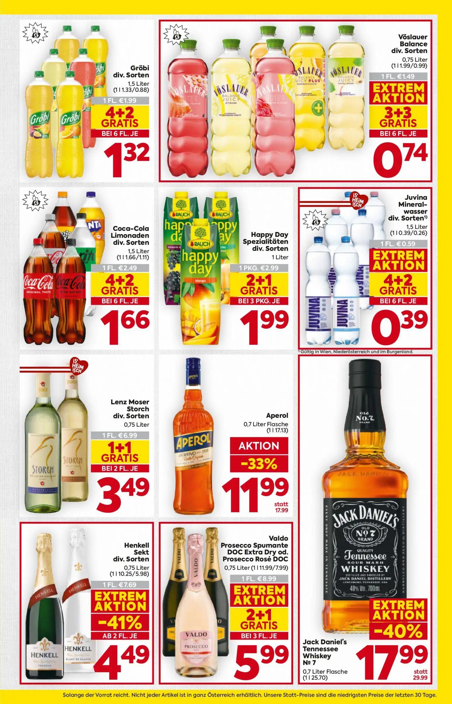 Billa Prospekt, Seite 15 von 16 — Jack Daniel's Tennessee Whiskey No 7, Aperol, Lenz Moser Storch div. Sorten
