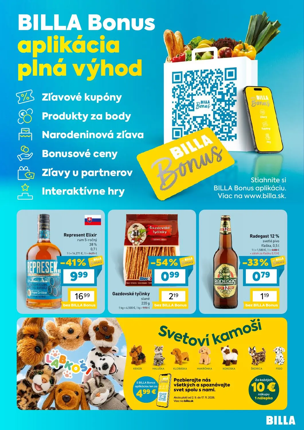 Billa leták, strana 3 z 4 — Represent Elixir rum 5-ročný 38%, Gazdovské tyčinky slané, Radegast 12% svetlé pivo fľaška