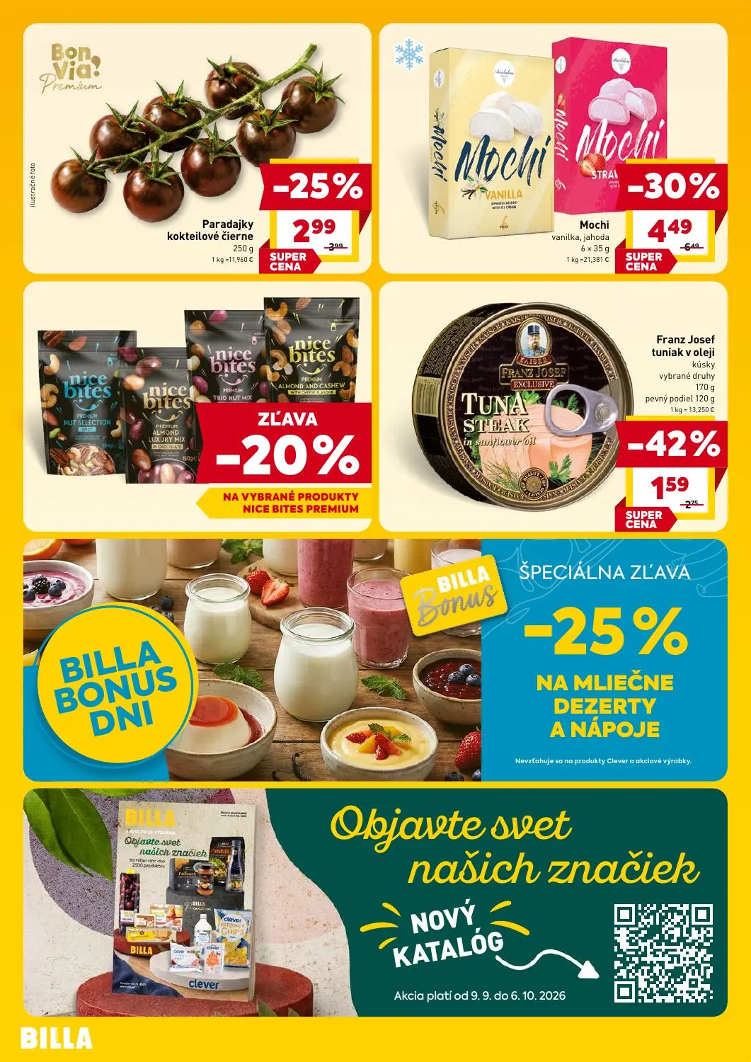 Billa leták, strana 4 z 4 — Mochi vanilka, jahoda, Franz Josef tuniak v oleji kúsky vybrané druhy, Paradajky kokteilové čier…