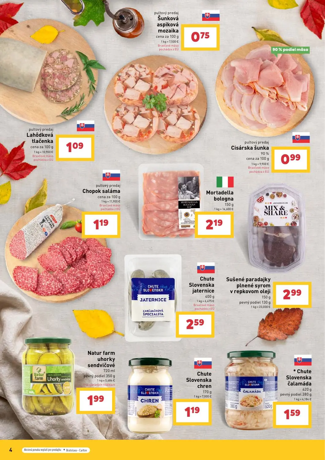 Billa leták, strana 4 z 16 — Lahôdková tlačenka, Šunková aspiková mozaika, Cisárska šunka