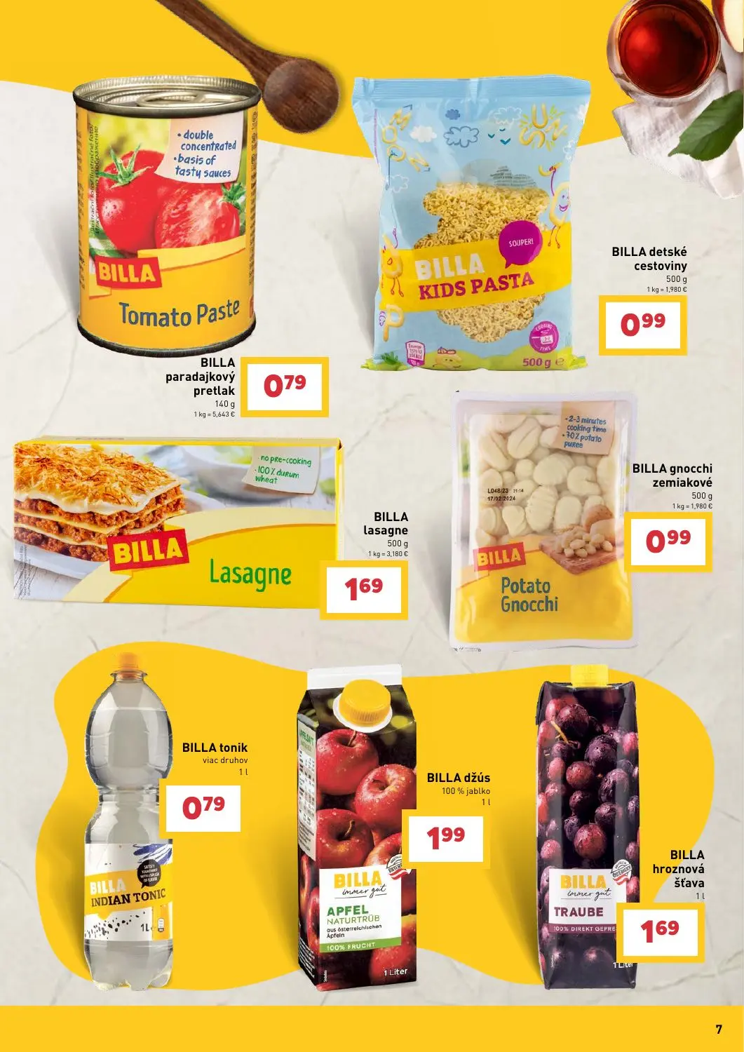 Billa leták, strana 7 z 31 — BILLA paradajkový pretlak, BILLA detské cestoviny, BILLA lasagne