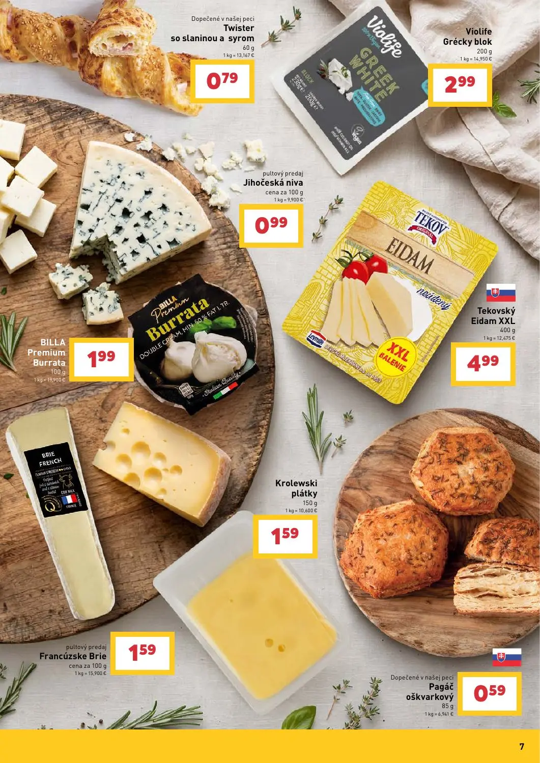 Billa leták, strana 7 z 16 — Twister so slaninou a syrom, Violife Grécky blok, Jihočeská niva
