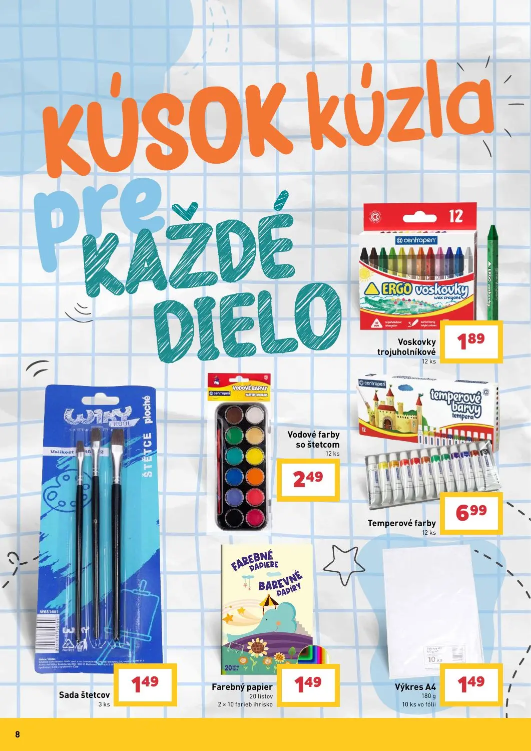 Billa leták, strana 8 z 13 — Sada štetcov, Voskovky trojuholníkové, Vodové farby so štetcom