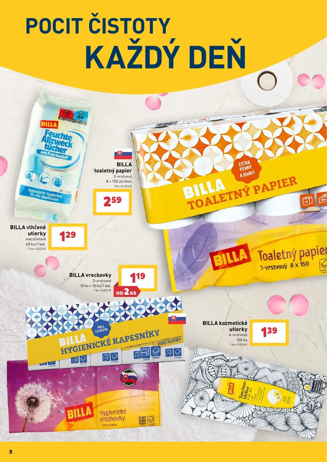 Billa leták, strana 8 z 31 — BILLA vlhčené utierky viacúčelové, BILLA toaletný papier, BILLA vreckovky