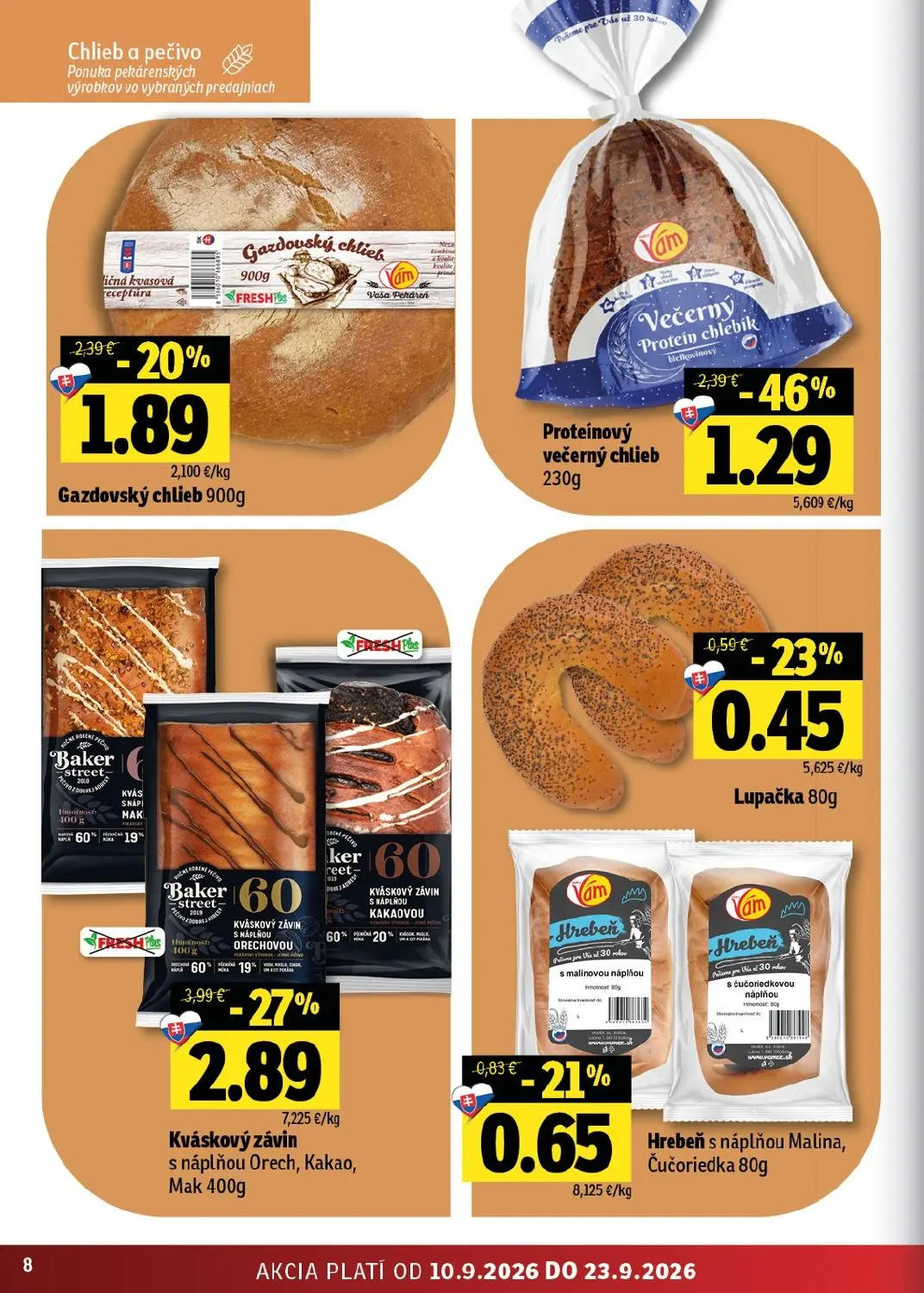 Fresh východ leták, strana 8 z 56 — Proteínový večerný chlieb, Kváskový závin s náplňou Orech, Kakao, Mak, Gazdovský chlieb