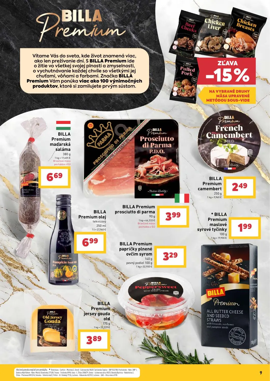 Billa leták, strana 9 z 31 — Premium maďarská saláma, BILLA Premium prosciutto di parma, BILLA Premium camembert