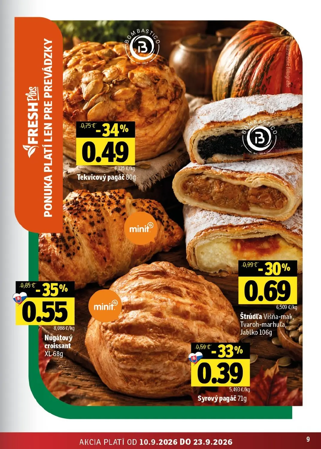 Fresh východ leták, strana 9 z 56 — Nugátový croissant XL, Štrúdľa Višňa-mak, Tvaroh-marhuľa, Jablko, Tekvicový pagáč