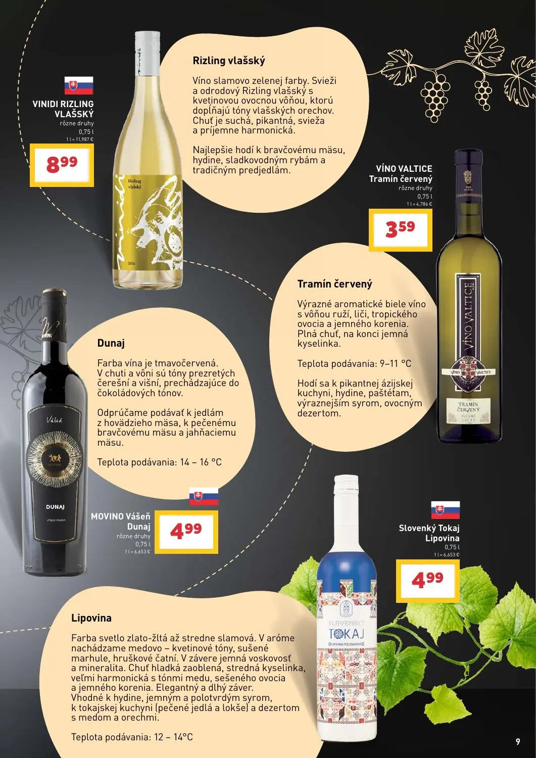 Billa leták, strana 9 z 16 — VINIDI RIZLING VLAŠSKÝ, VÍNO VALTICE Tramín červený, MOVINO Vášeň Dunaj