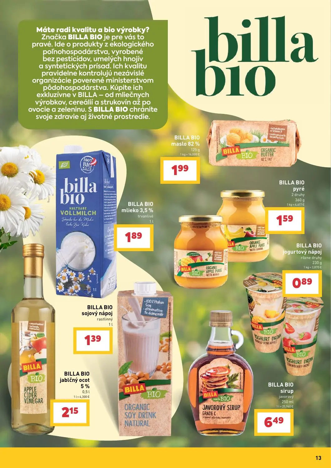 Billa leták, strana 13 z 31 — BILLA BIO maslo 82%, BILLA BIO mlieko 3,5%, BILLA BIO pyré