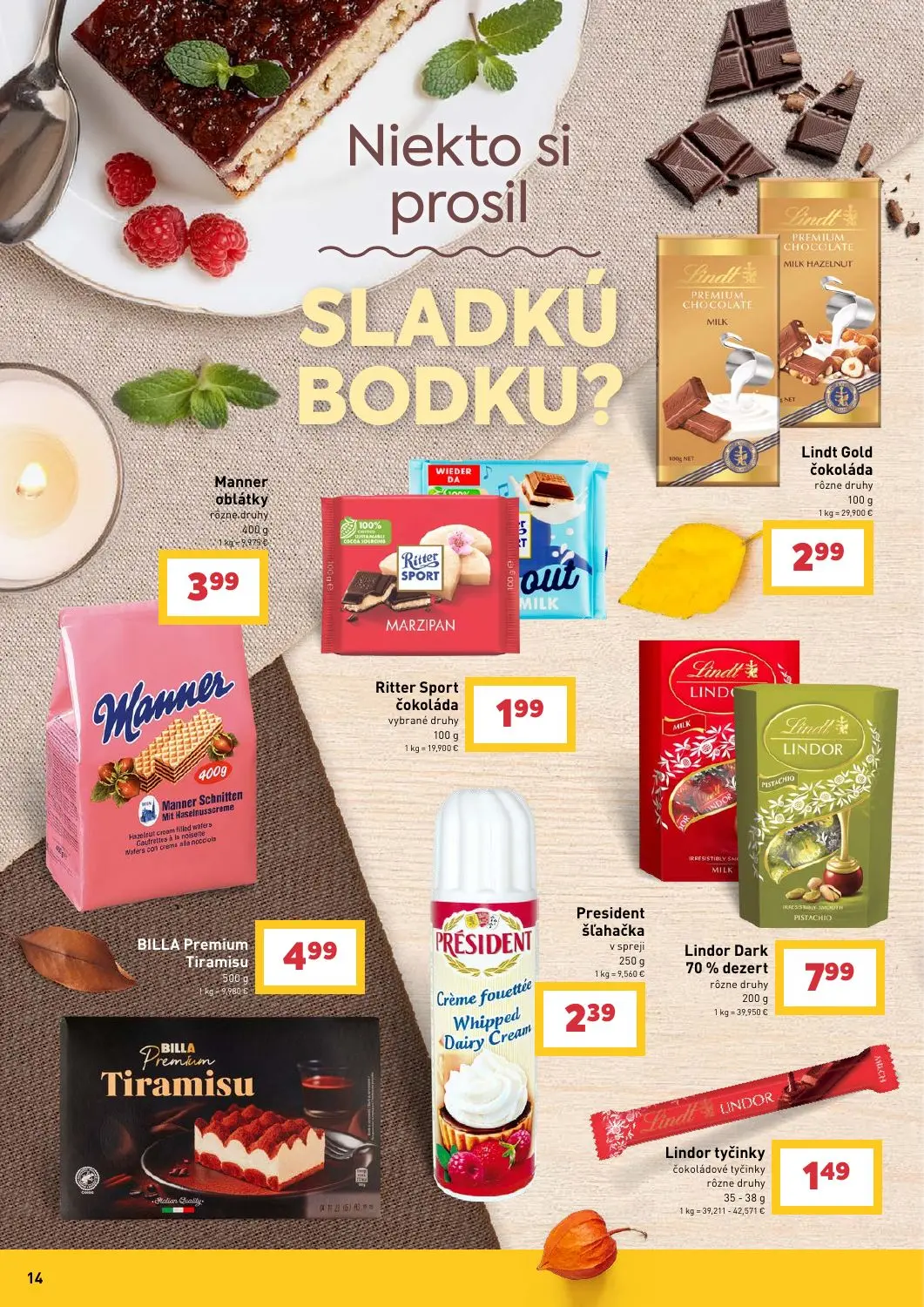 Billa leták, strana 14 z 16 — Manner oblátky, Ritter Sport čokoláda, Lindt Gold čokoláda